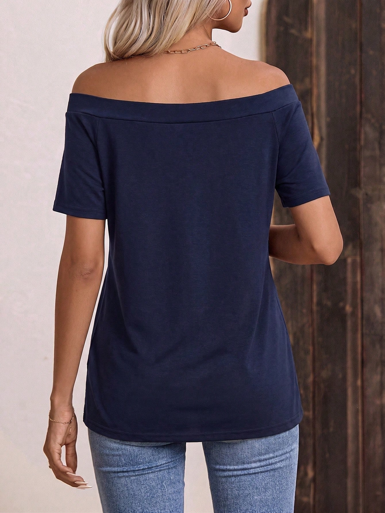 Women's Vintage Navy Off Shoulder Basic Short Sleeve Tee