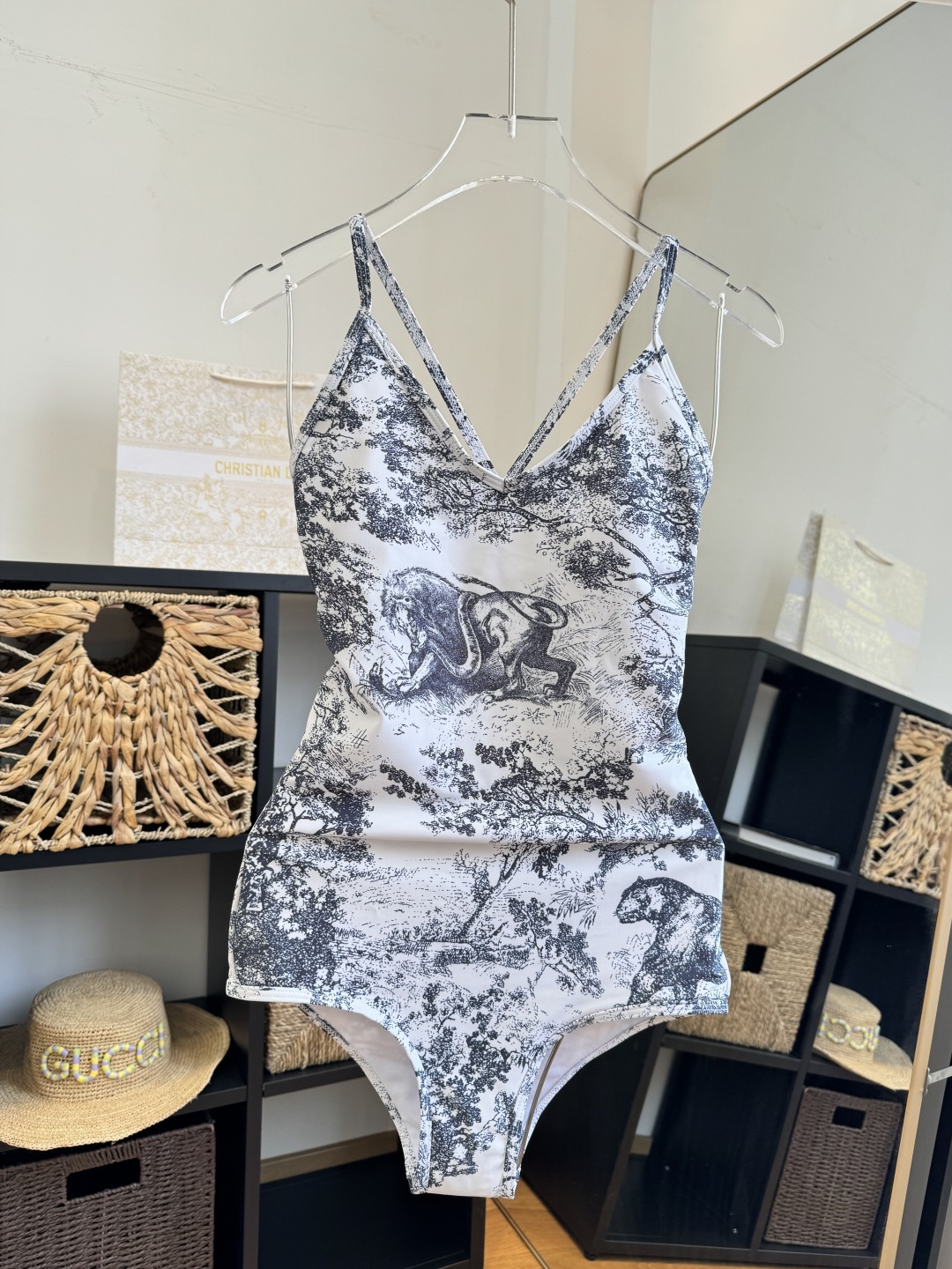 Christian Dior Toile de Jouy Animal Sketch Print Double Strap One-Piece Swimsuit - KAIROO