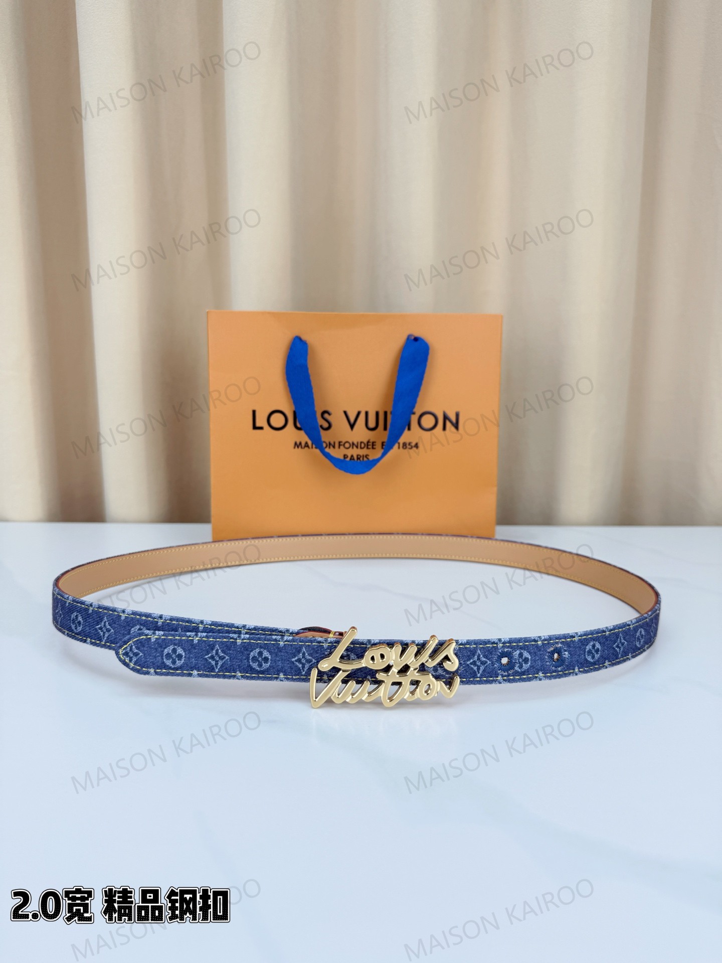 Louis Vuitton LV Denim Monogram Script Logo Slim Belt - KAIROO