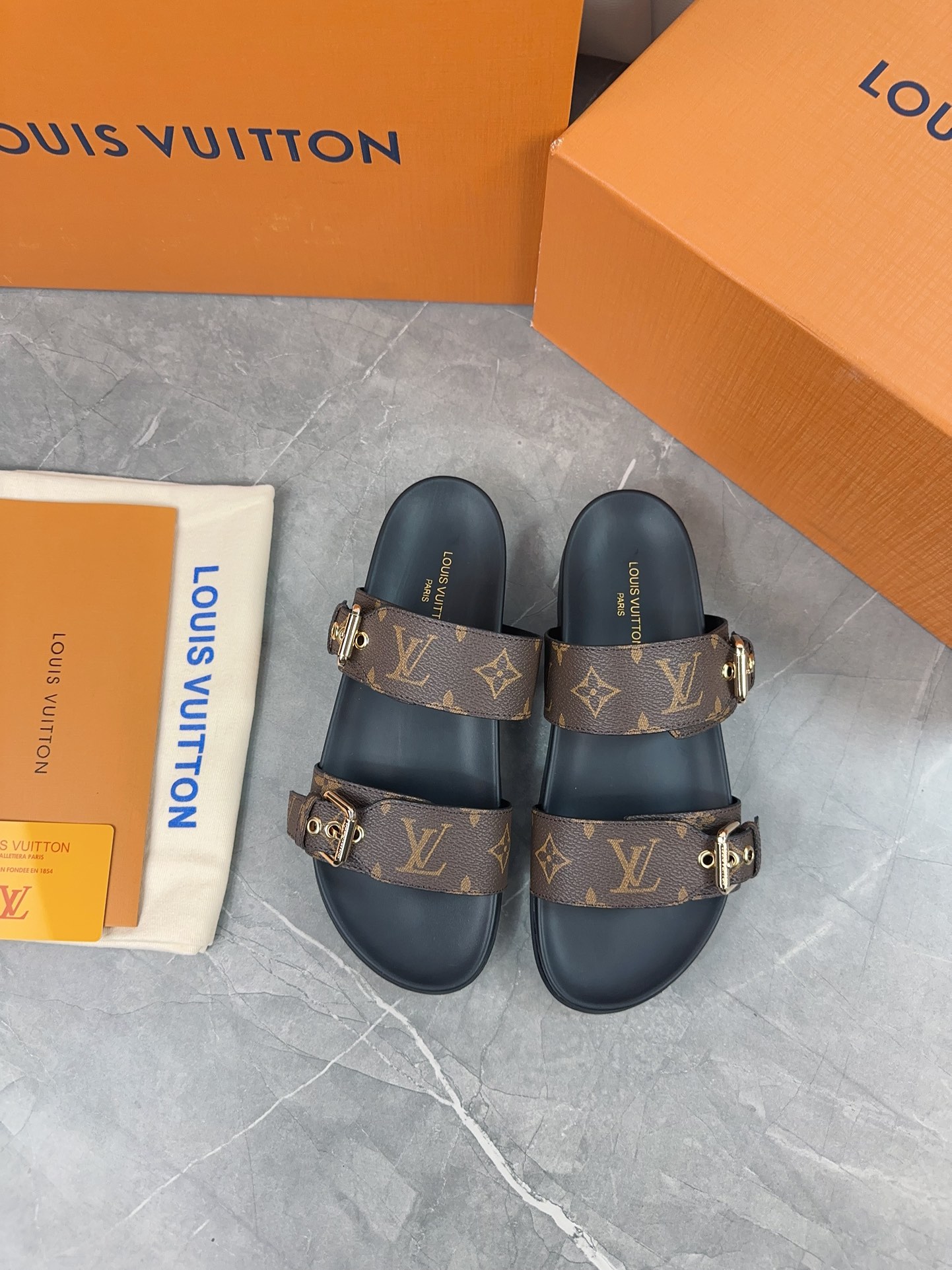 Louis Vuitton Monogram Canvas & Damier Leather Bom Dia Double Strap Buckle Slides Sandals - KAIROO