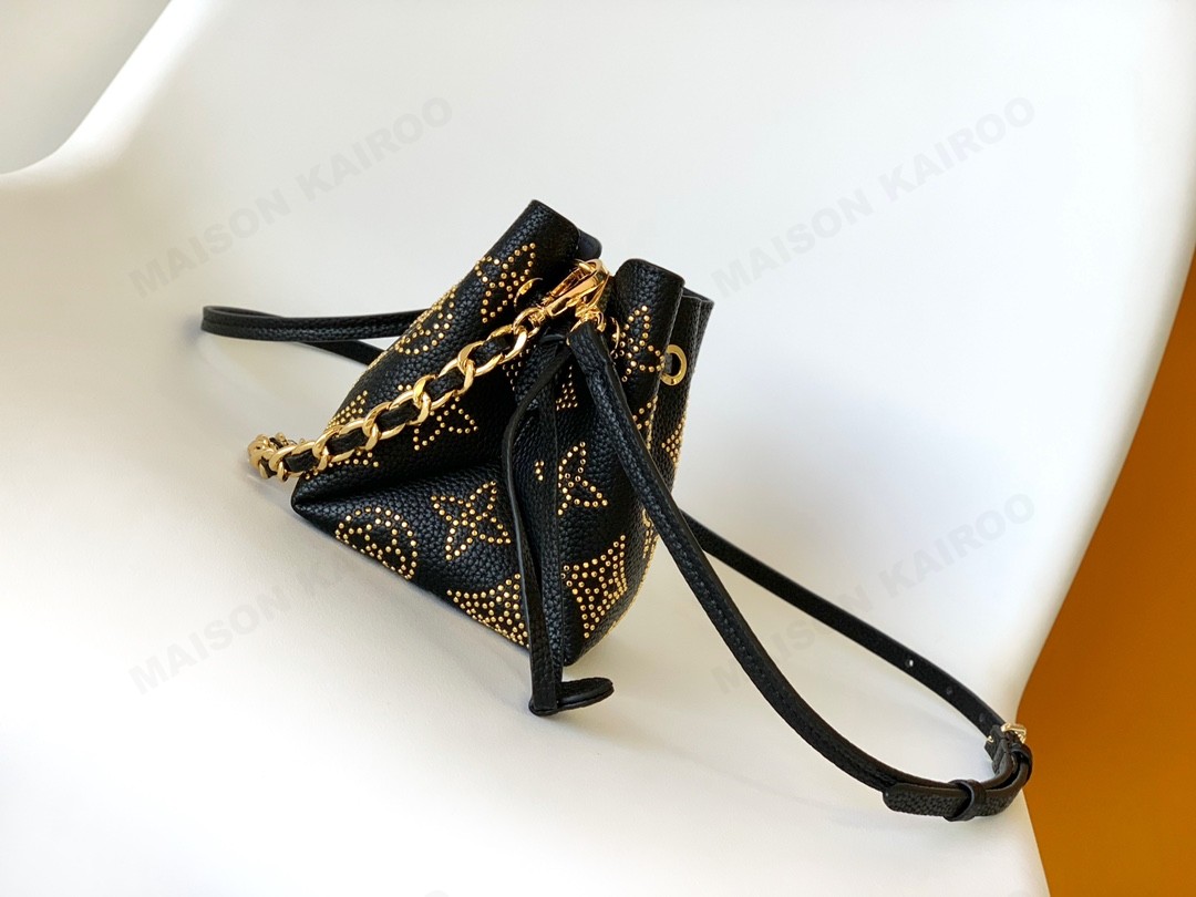 【10A】Louis Vuitton LV Pico Bella Black Gold Studs Mahina Leather Drawstring Bucket Shoulder Bag - KAIROO