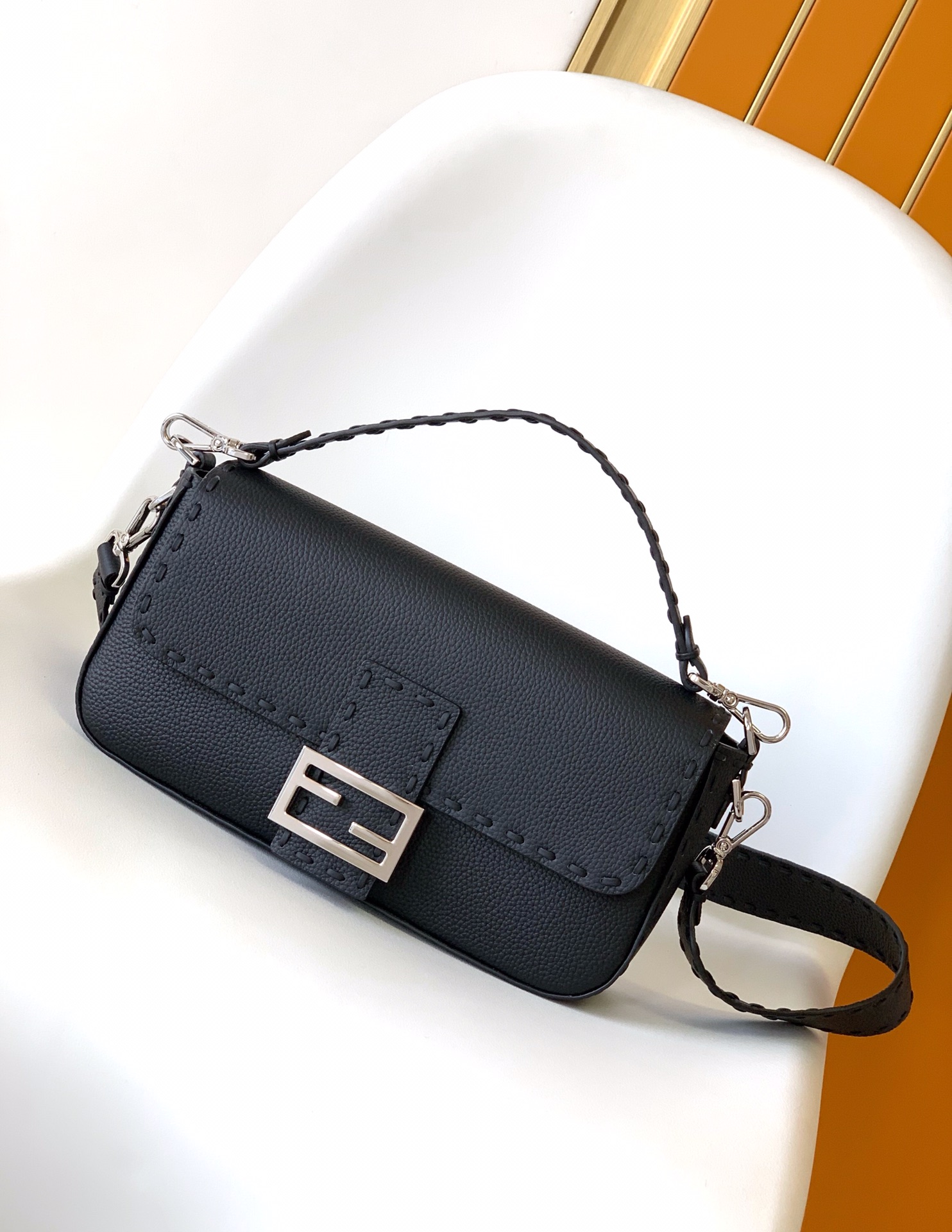 Fendi Medium Selleria Baguette Leather Bag-Black