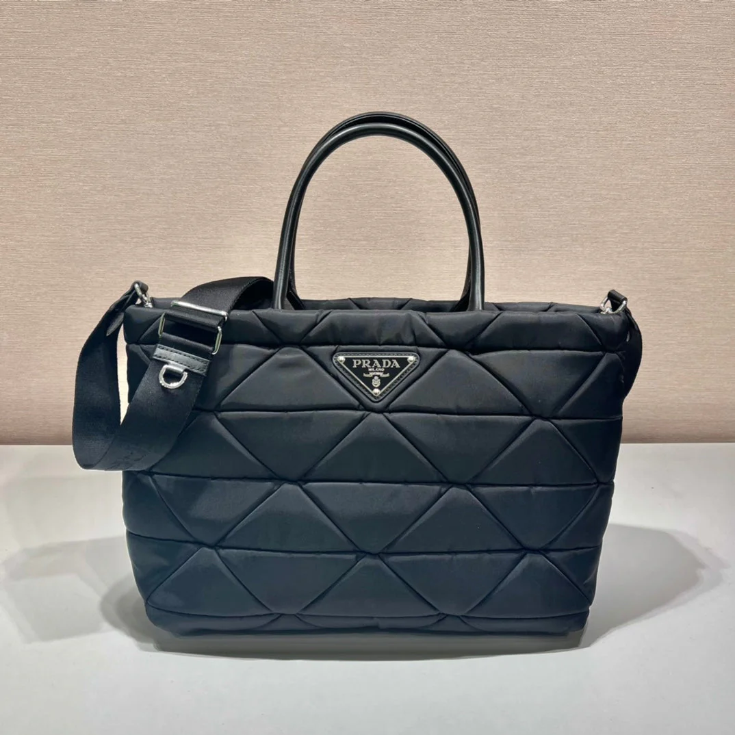 Prada TRIANGLE PATTERN TOTE BAG 33 IN BLACK QUILTED RE-NYLON