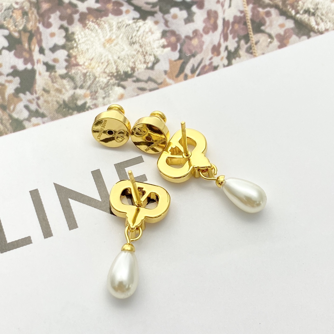 Valentino Gold V Logo Teardrop Pearl Stud Earrings