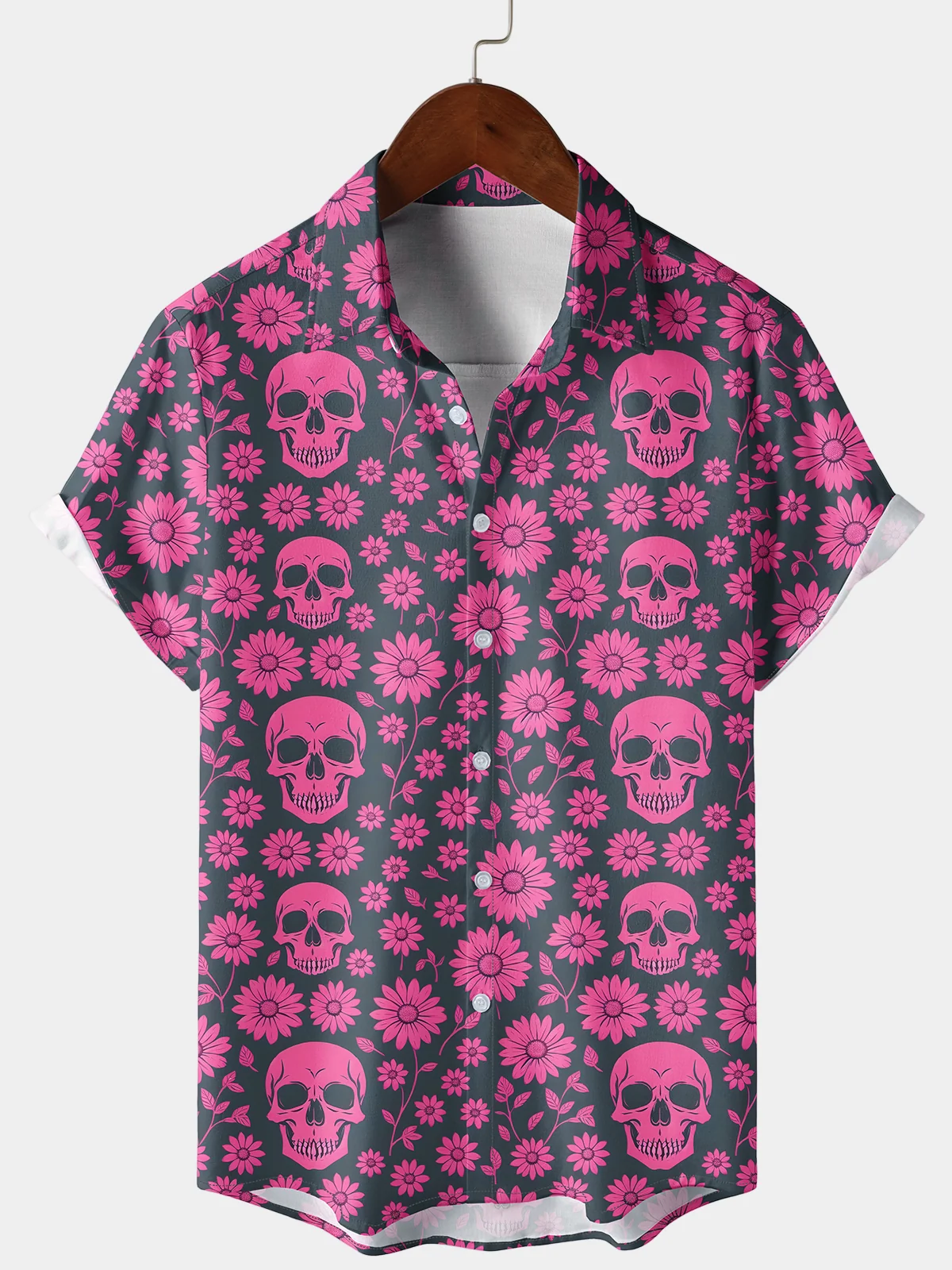 Men's Pink Skull Daisy Print Vacation Button-Up Summer Short Sleeve Shirt
