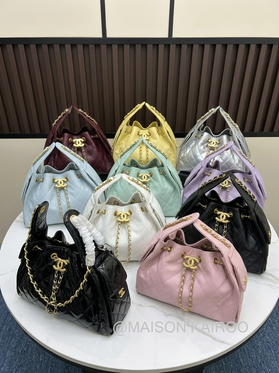 【10A】Louis Vuitton LV Pico Bella Black Gold Studs Mahina Leather Drawstring Bucket Shoulder Bag - KAIROO