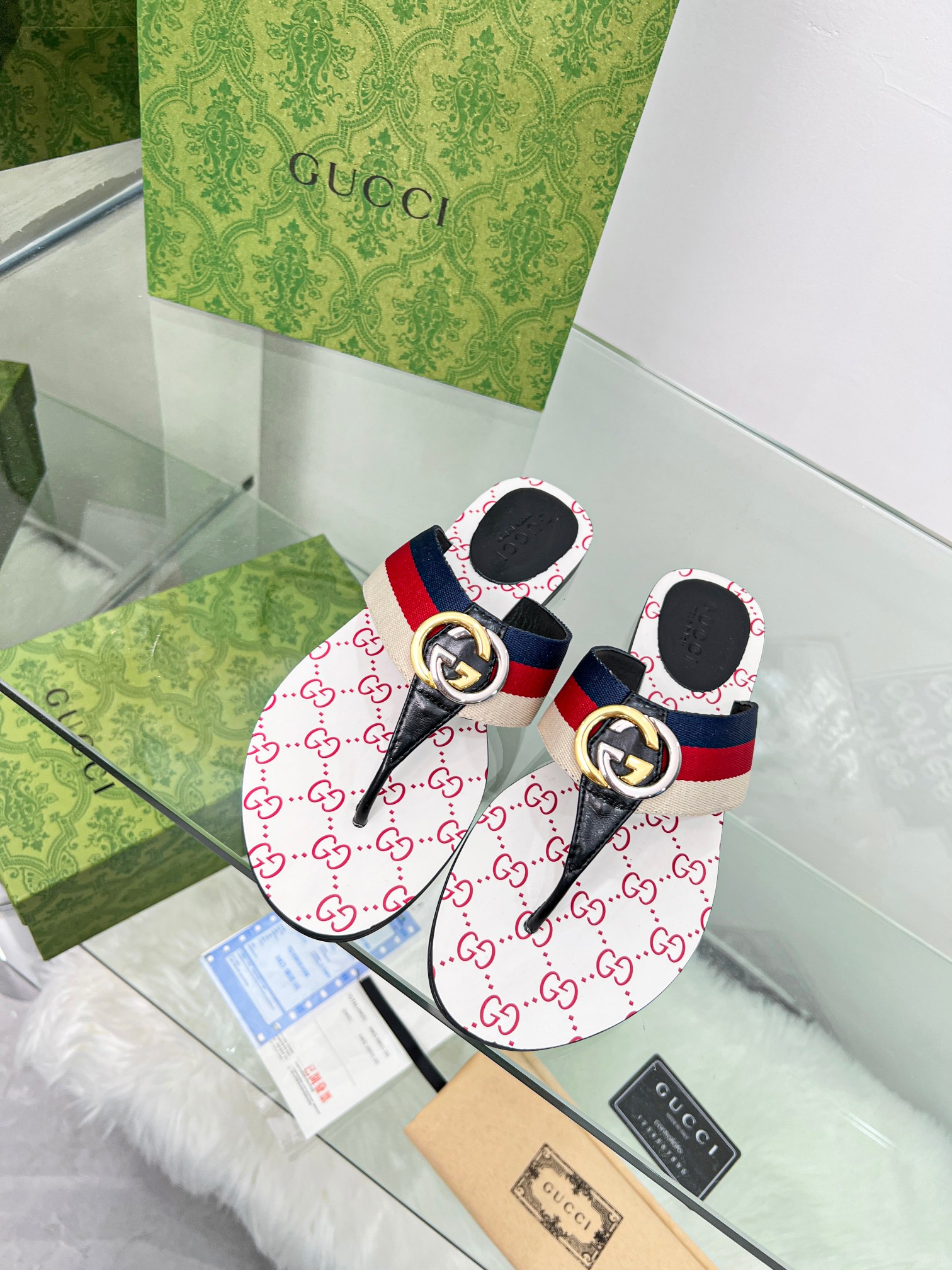 Gucci Web Stripe GG Hardware Monogram Leather Footbed Thong Sandals Slides Sandals - KAIROO