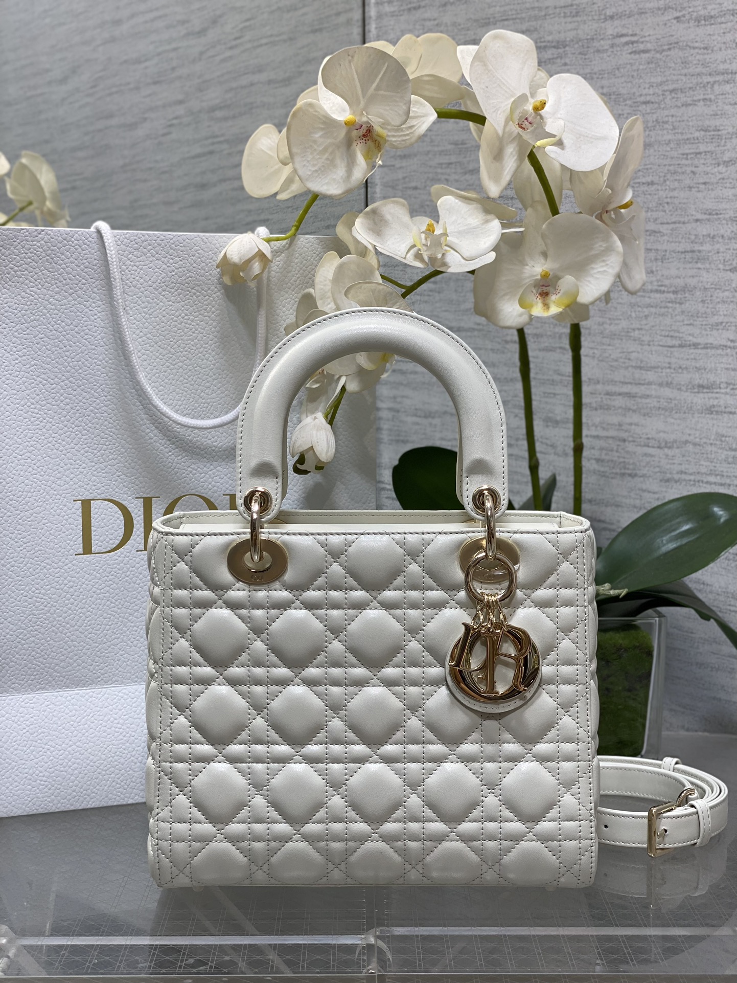 Medium Lady Dior Bag in White Cannage Lambskin