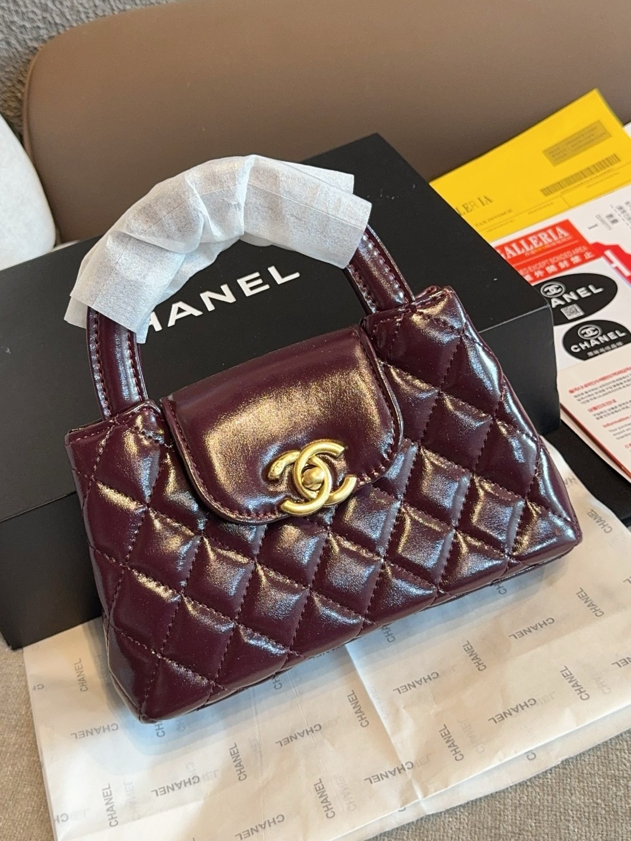 Chanel Mini Kelly 19CM Diamond Quilted Shiny Leather Chain Top Handle Crossbody Bag - KAIROO