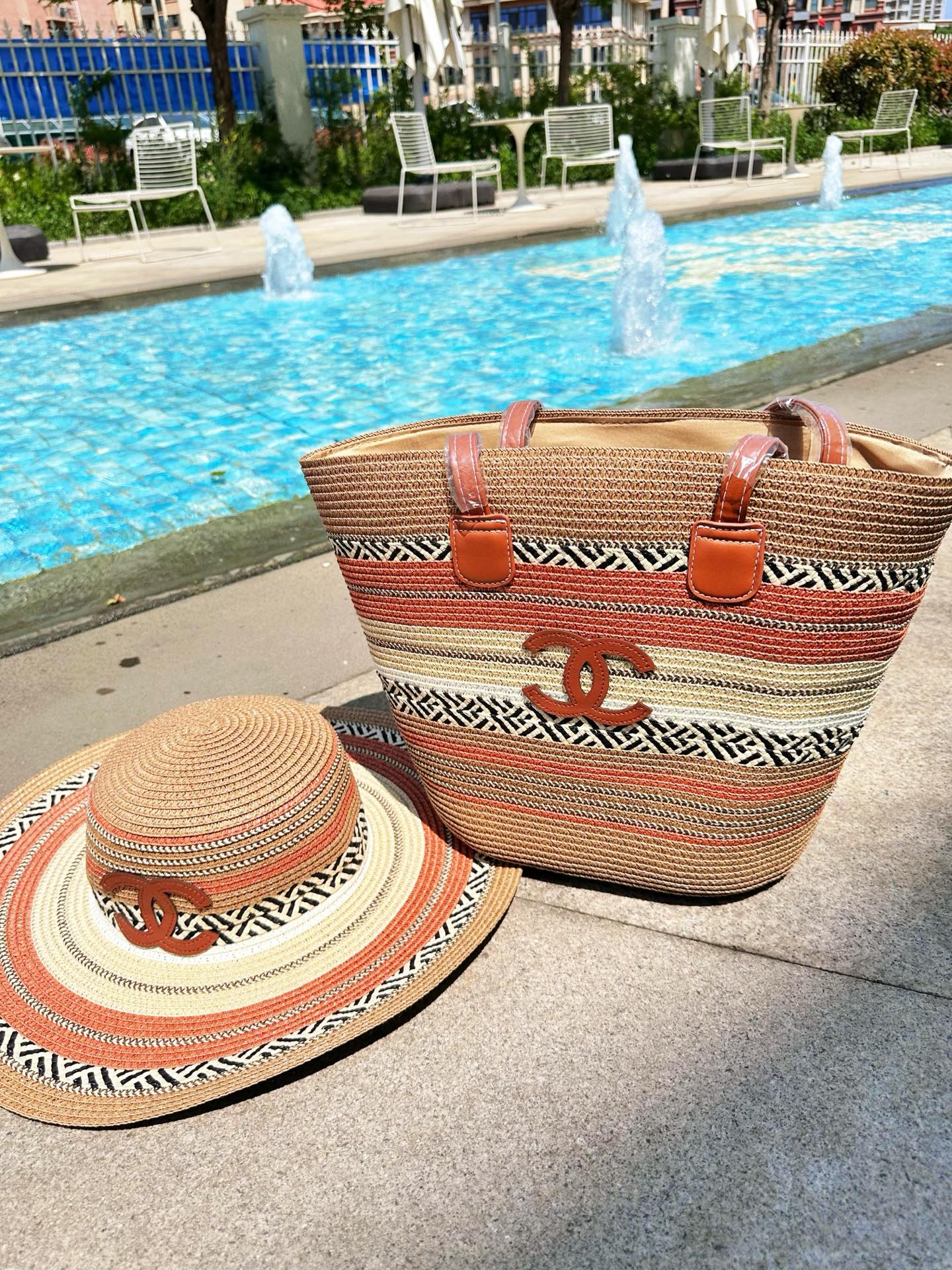 Chanel Multicolor Tan Striped Woven Raffia Tote Bag & Matching Wide-Brim Sun Hat Beach Set - KAIROO