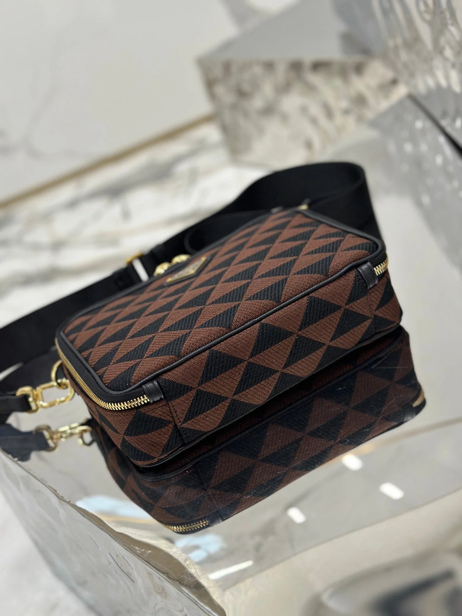 Prada MESSENGER BAG 22 IN BLACK AND BROWN EMBROIDERED FABRIC GOLD HARDWARE