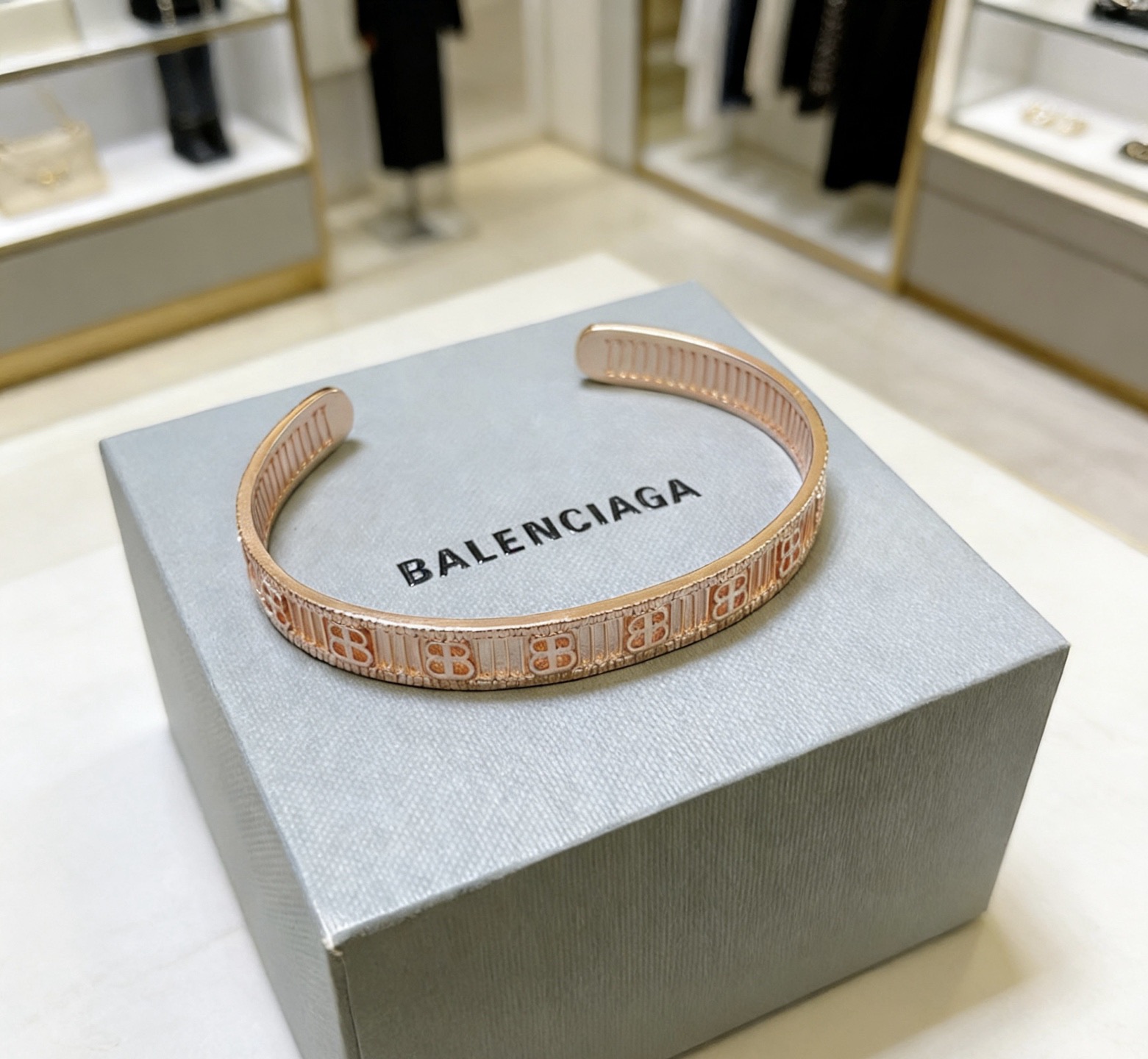Balenciaga BB Icon Embossed Ribbed Texture Rose Gold Tone Cuff Bracelet - KAIROO