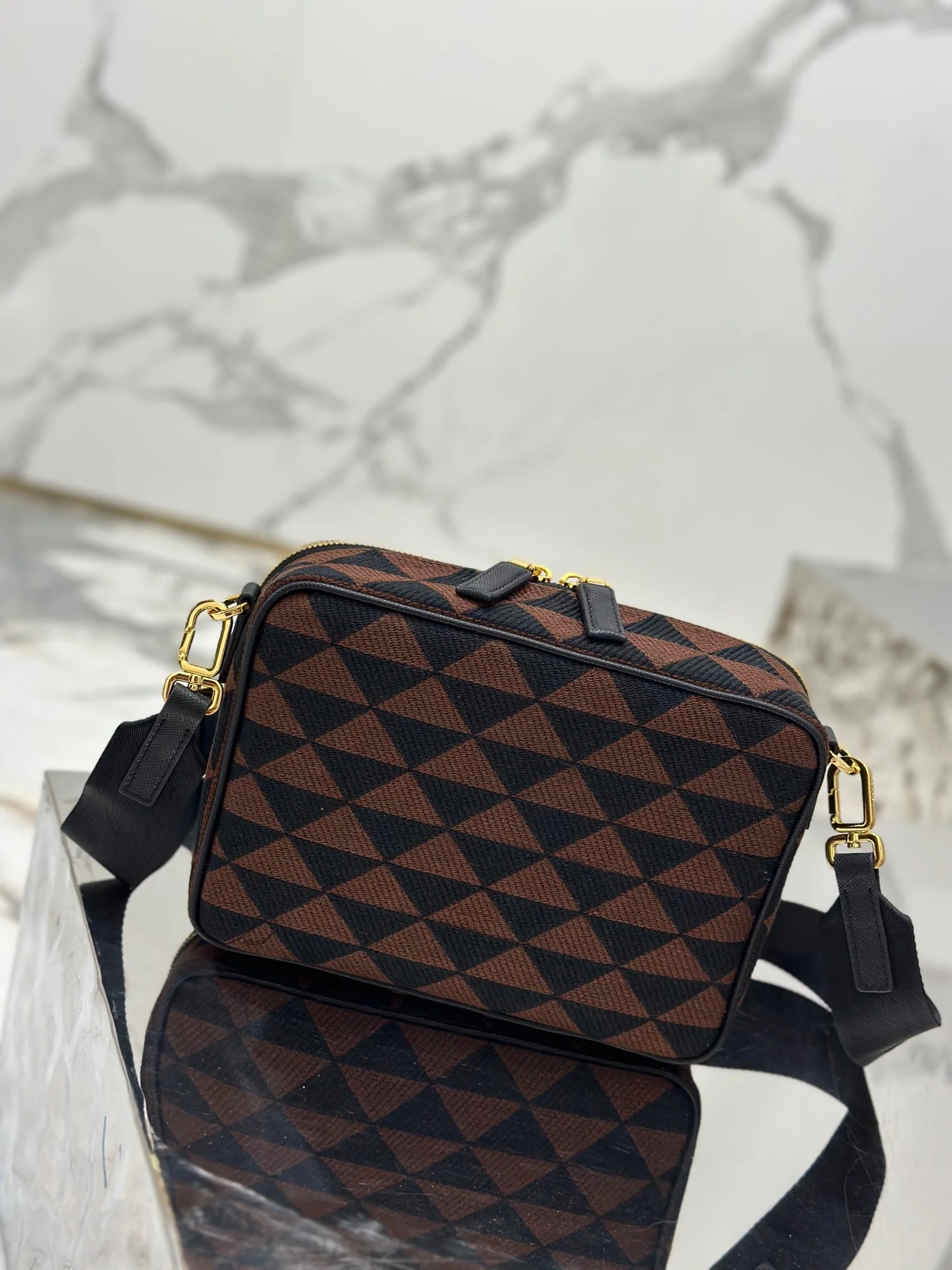 Prada MESSENGER BAG 22 IN BLACK AND BROWN EMBROIDERED FABRIC GOLD HARDWARE