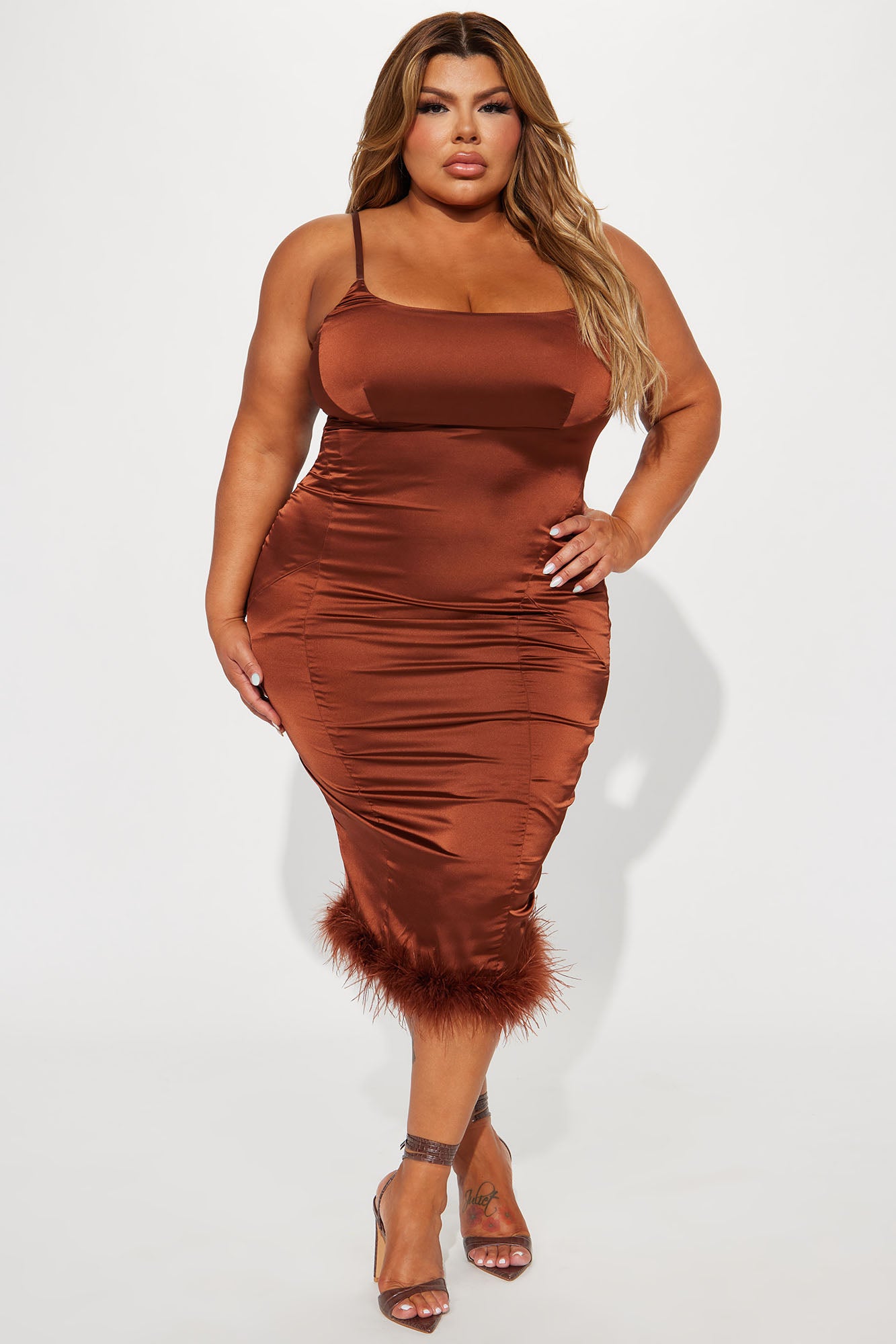 Freya Feather Midi Dress - Brown