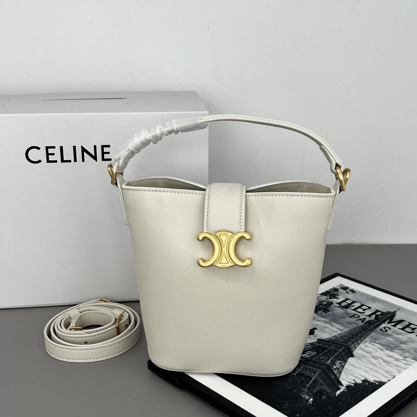 Celine Ivory Leather Gold Triomphe Buckle Lock Adjustable Strap Bucket Bag - KAIROO