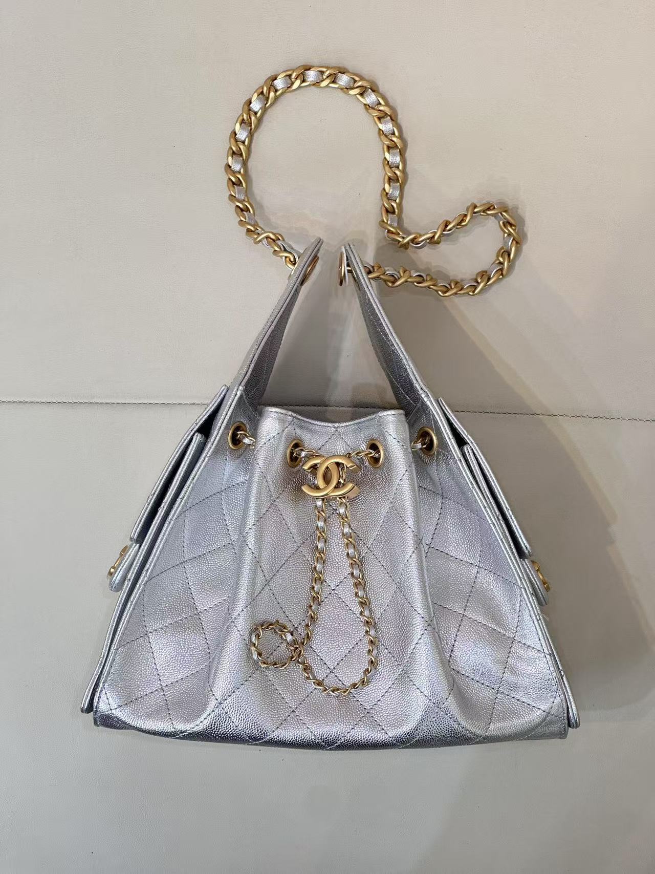 Chanel 2025 New Bag Caviar Small 30cm Silver Hobo Bucket Bag