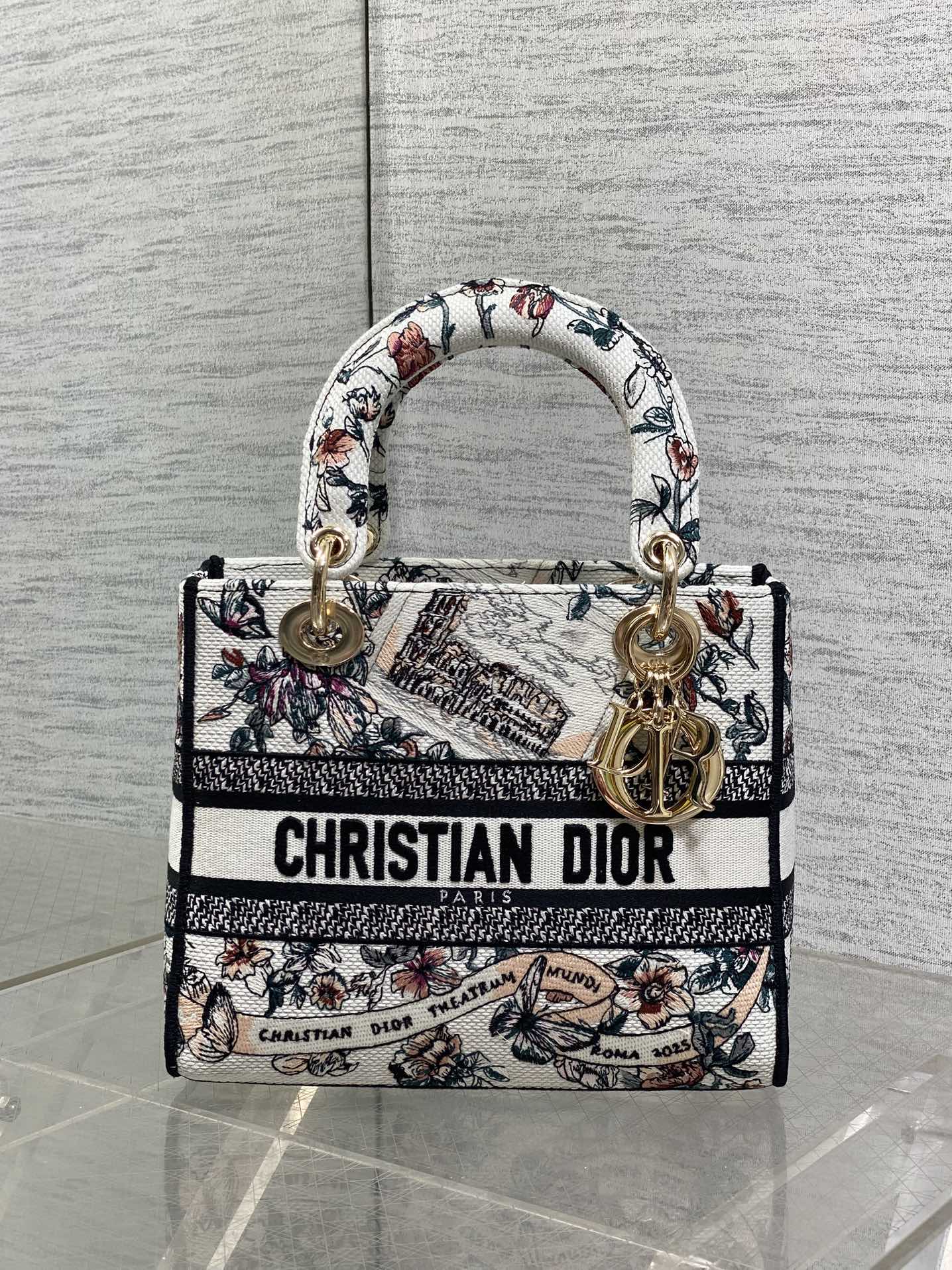 Medium Lady D-Lite in Embroidered Canvas