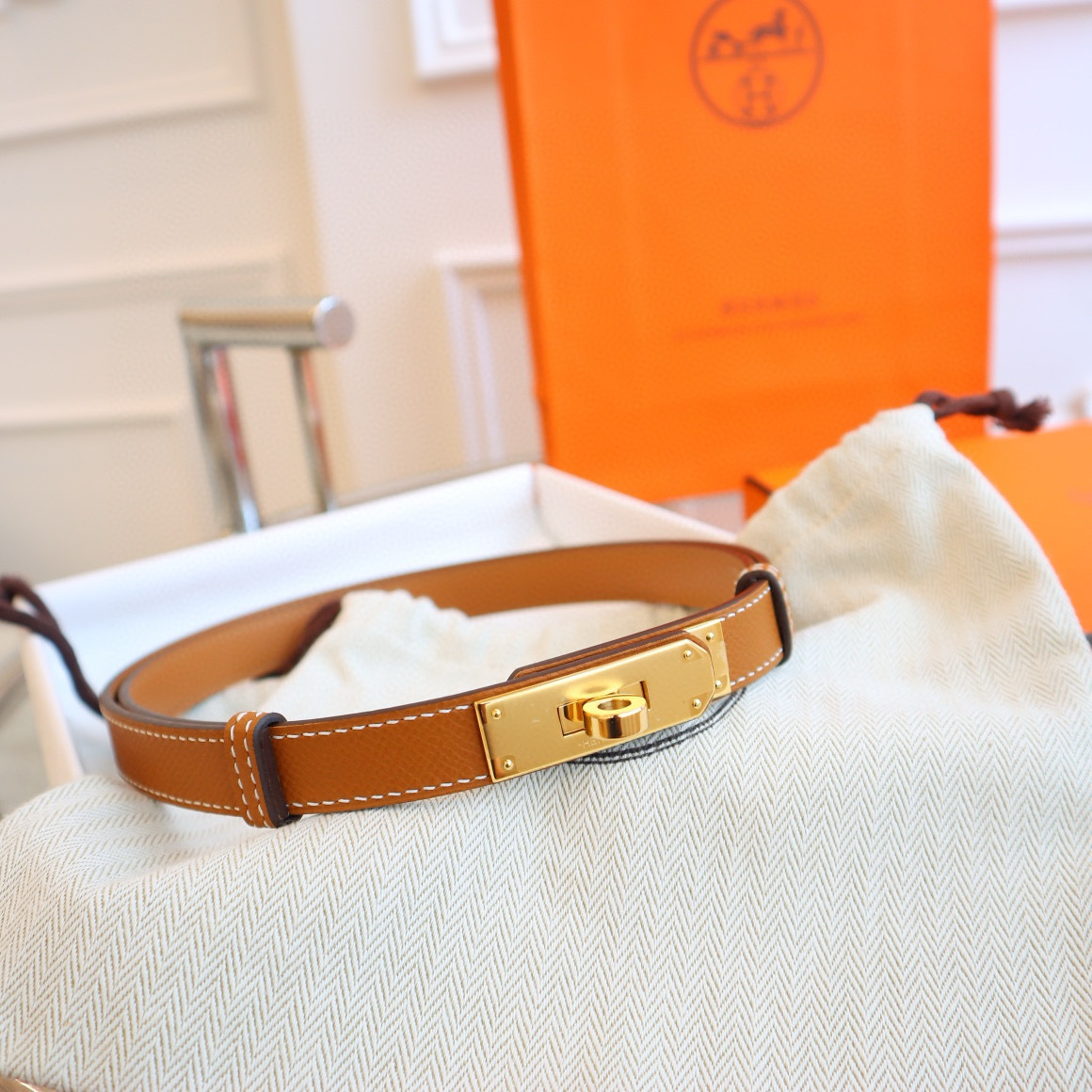 Hermes Gold Kelly Mini leather Belt 18mm