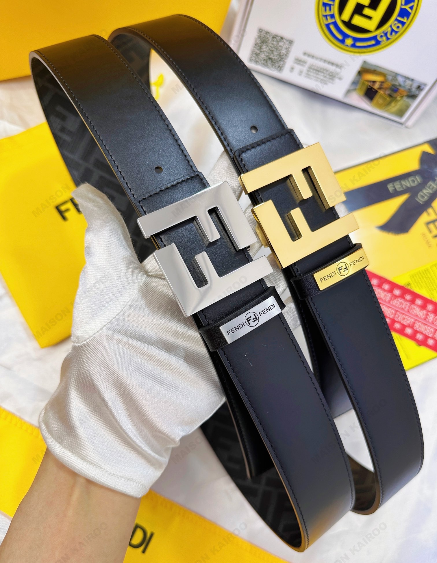 Fendi 3.8 FF Jacquard Coated Canvas Two-Sided Reversible Polished FF Plaque Buckle Belt - KAIROO