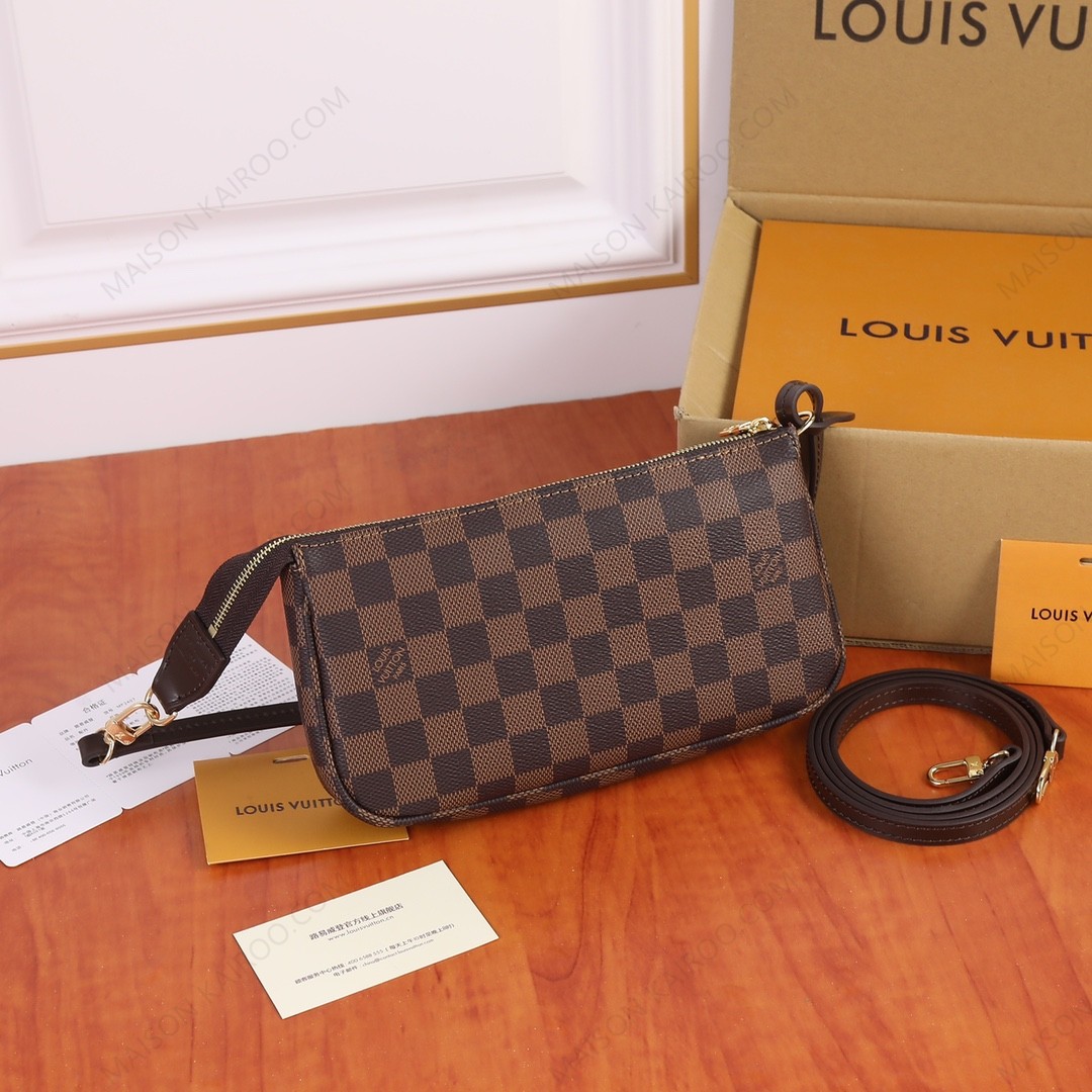 Louis Vuitton LV Pochette Accessoires Damier Ebene Canvas Leather Strap PA Pouch Hobo Shoulder Bag - KAIROO
