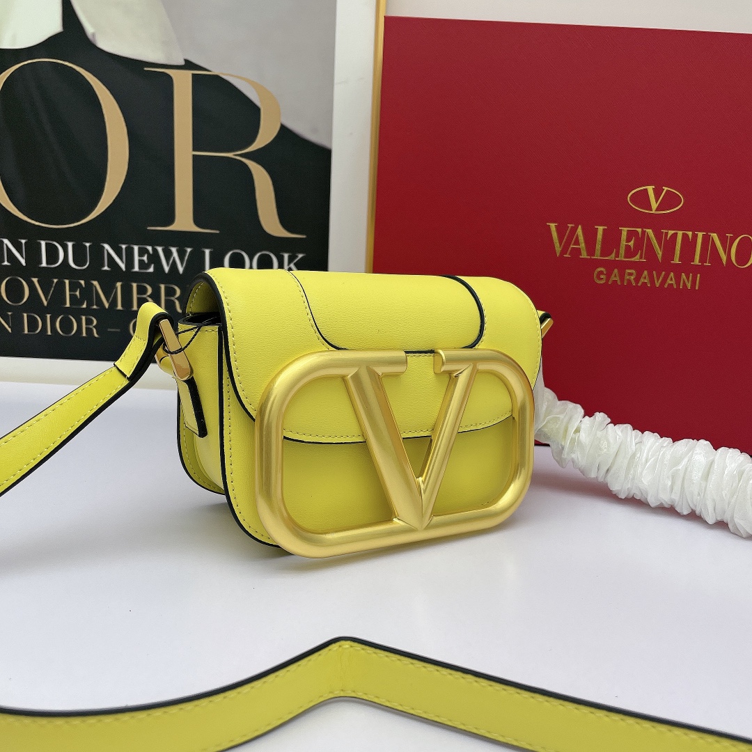 Valentino Mini Oversized VLogo Signature Neon Yellow Leather Maxi Gold Hardware Flap Shoulder Bag - KAIROO