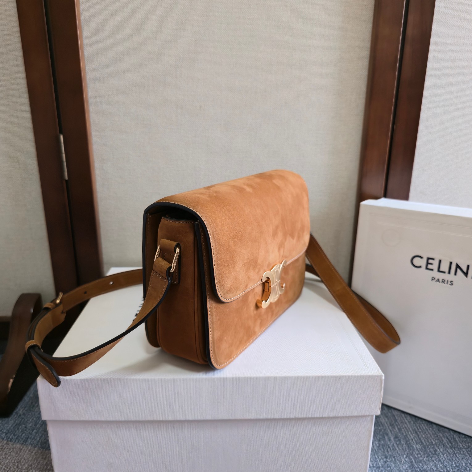 Celine Classique Triomphe Bag in Brown Suede