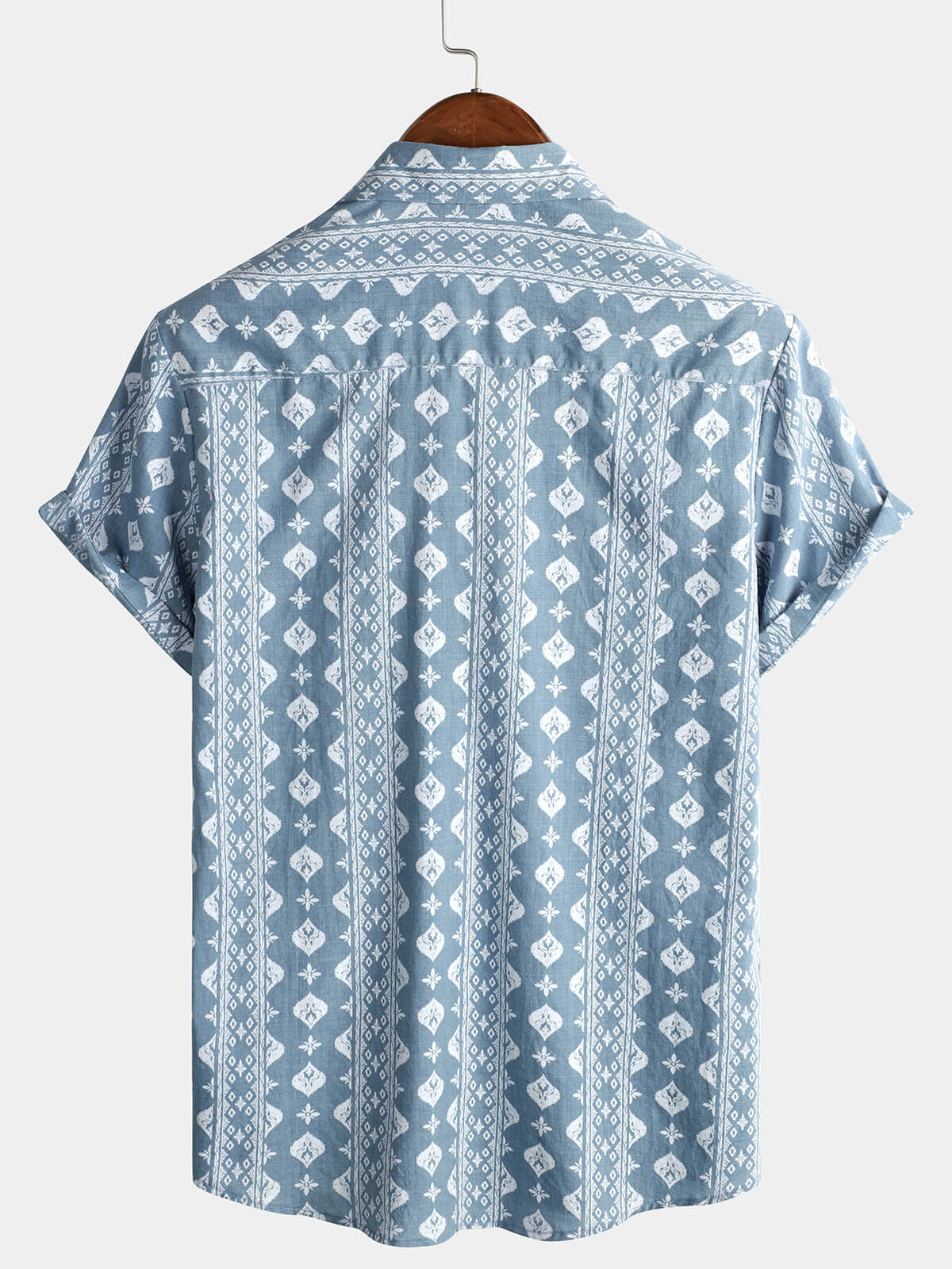 Men's Vintage Blue Retro Cotton Summer Button-Up Short Sleeve Shirt