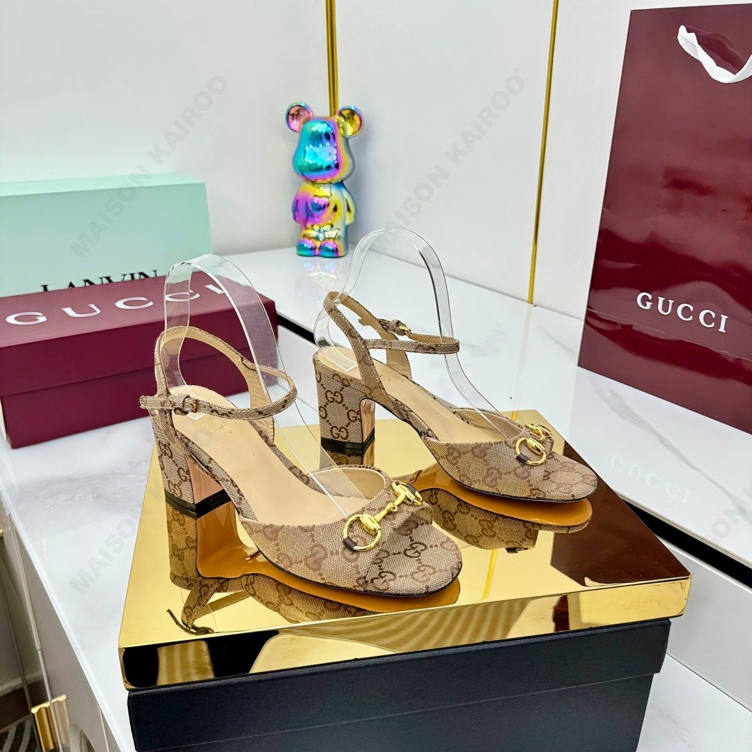 Gucci Horsebit 6.5/9.5CM Open Toe Smooth Leather & GG Canvas Ankle Strap Slingback Block Heel Sandals - KAIROO