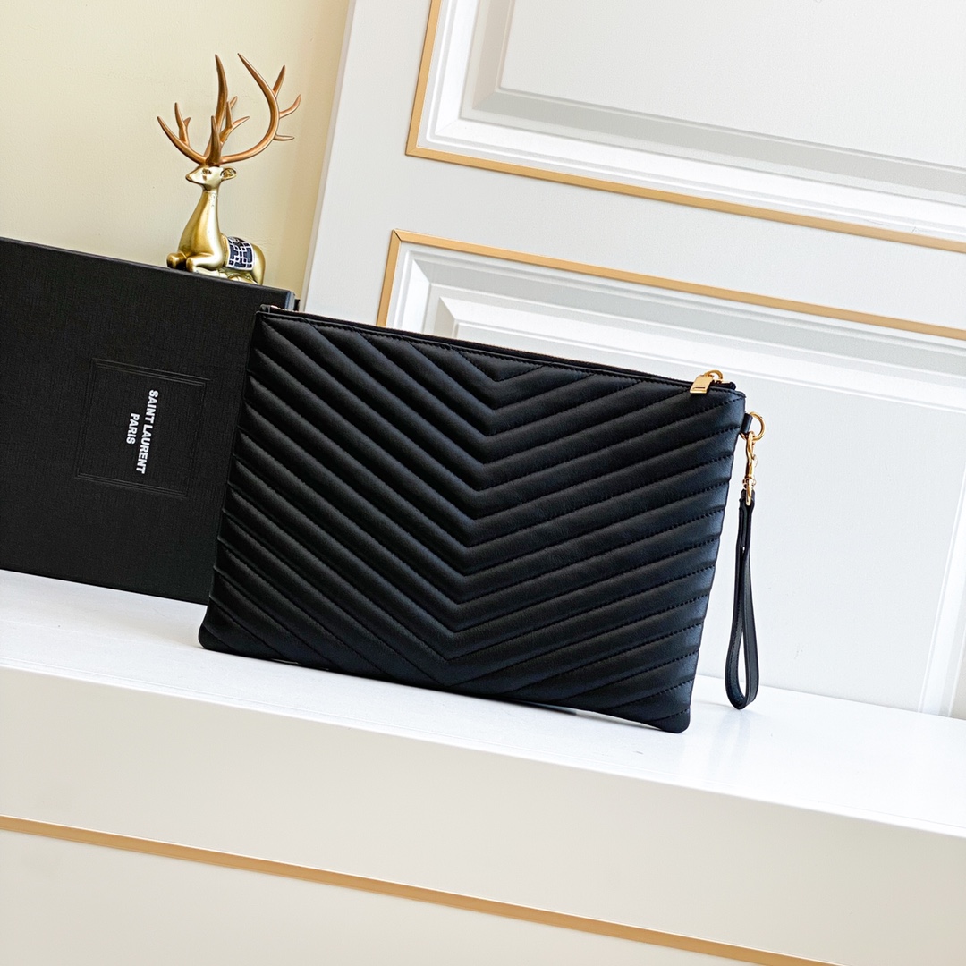Saint Laurent Black Medium Table Zip Pouch in Calfskin