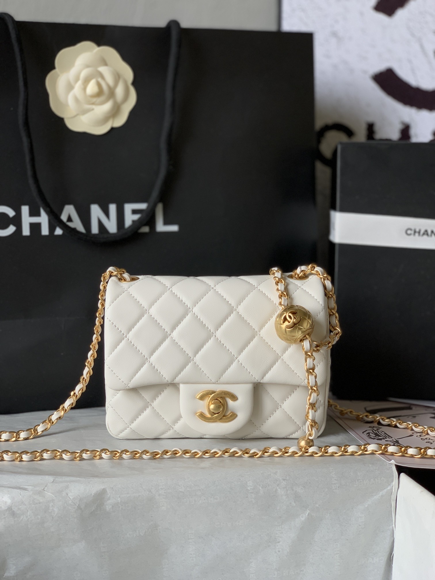 Chanel Mini Square CF 17CM Gold Ball Pearl Crush Quilted Leather Flap Chain Shoulder Bag - KAIROO