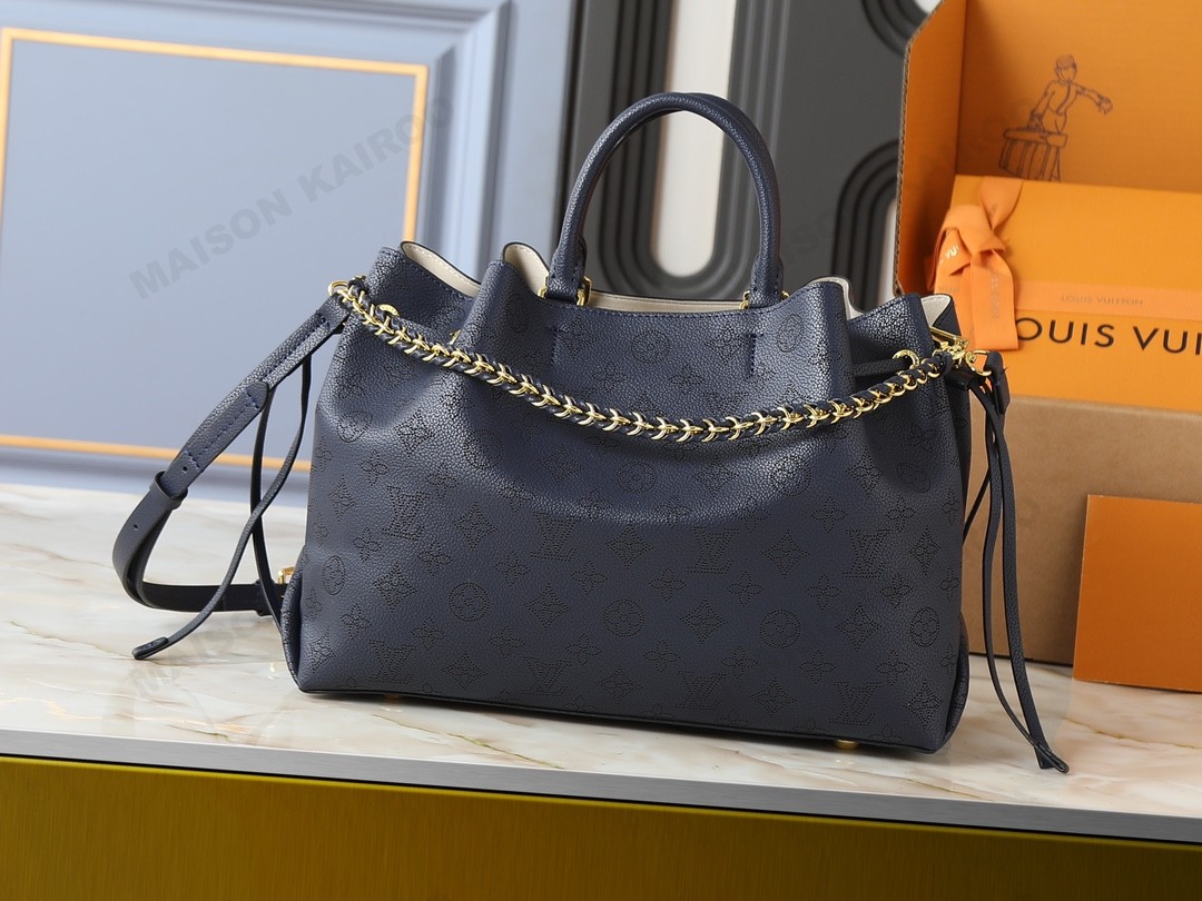 Louis Vuitton LV Mahina Bella Tote Navy Perforated Monogram Leather Drawstring Bucket Top Handle Bag - KAIROO