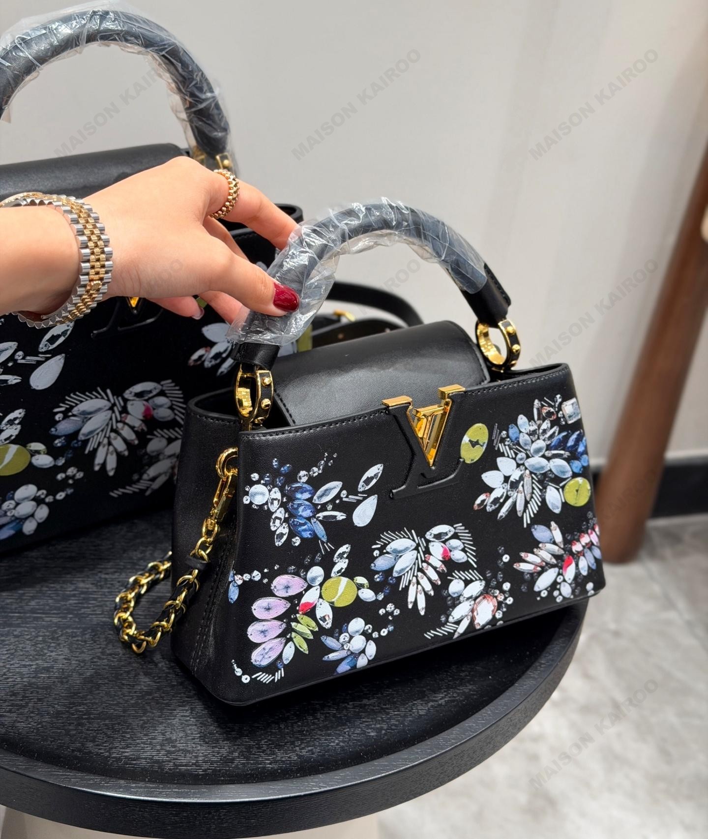 Louis Vuitton LV Capucines BB/East West Mini Black Crystal Jewels Motif Painted Leather Top Handle Bag - KAIROO