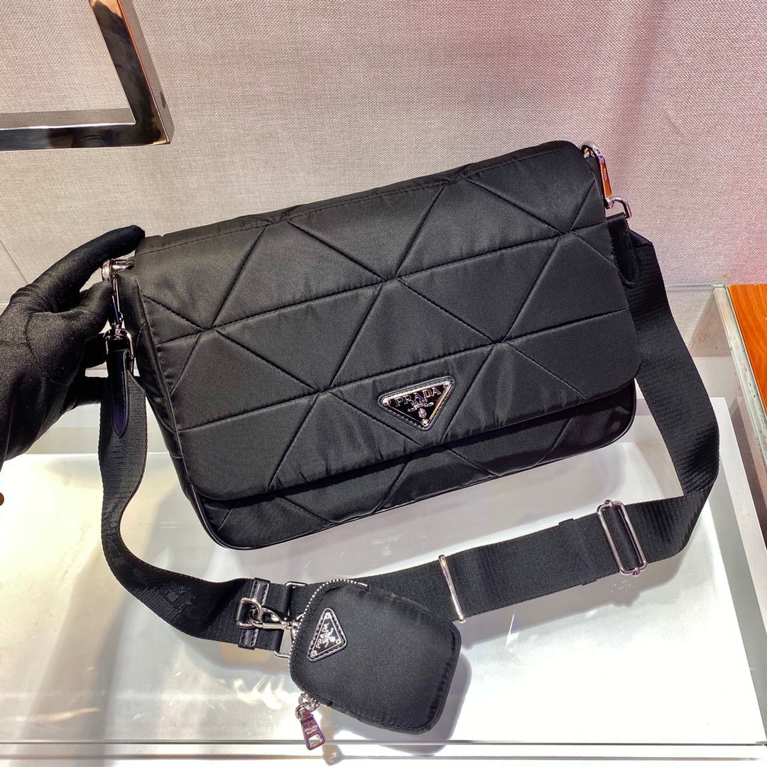 Prada LARGE FLAP BAG 28 IN BLACK TRIANGULAR QUILTED PATTERN RE-NYLON
