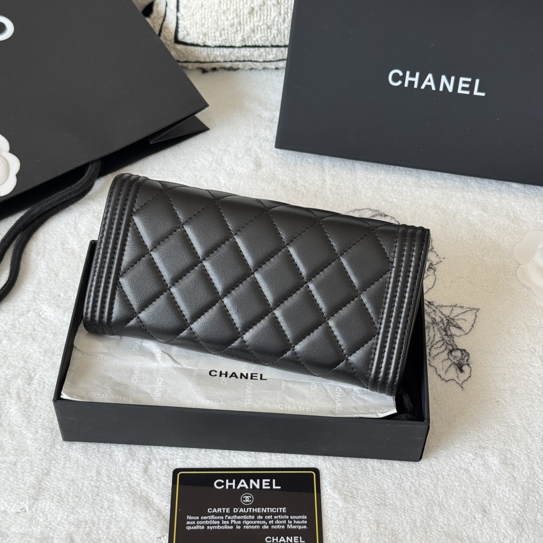 Chanel Boy Long Wallet in Black Lambskin