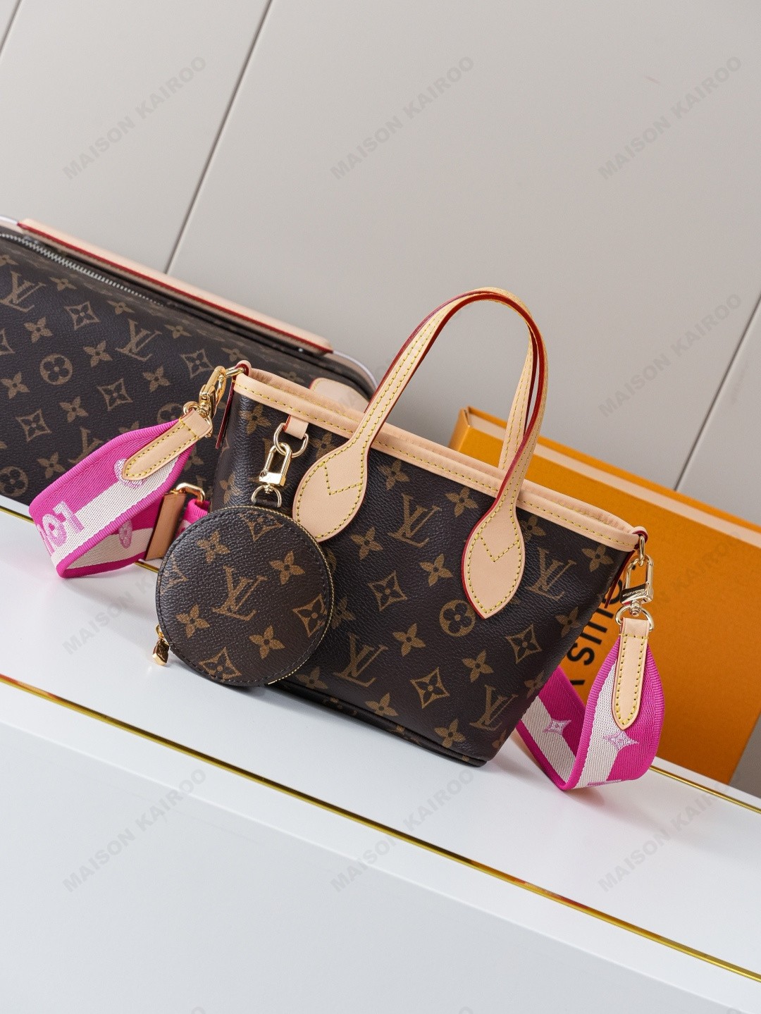 Louis Vuitton LV Neverfull BB Monogram Canvas Fuchsia Lining Woven Strap Shoulder Tote Bag With Round Purse - KAIROO