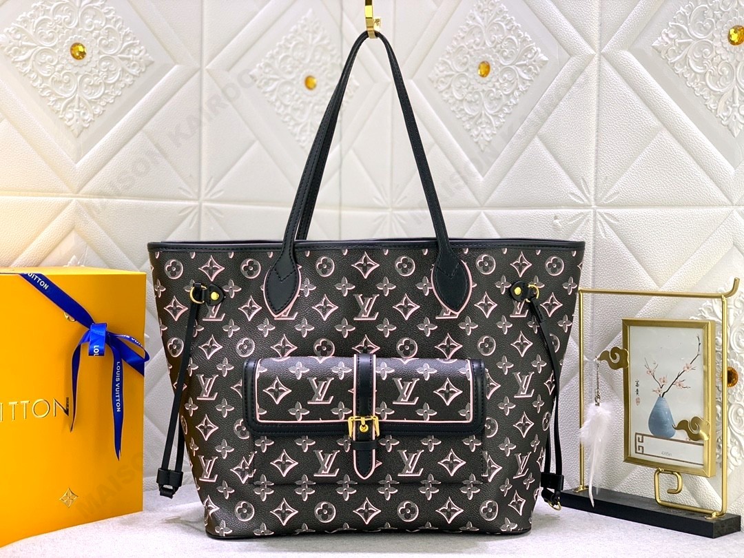 Louis Vuitton LV Fall For You Neverfull MM Black Pink Monogram Leather External Pocke Tote Bag With Pouch - KAIROO