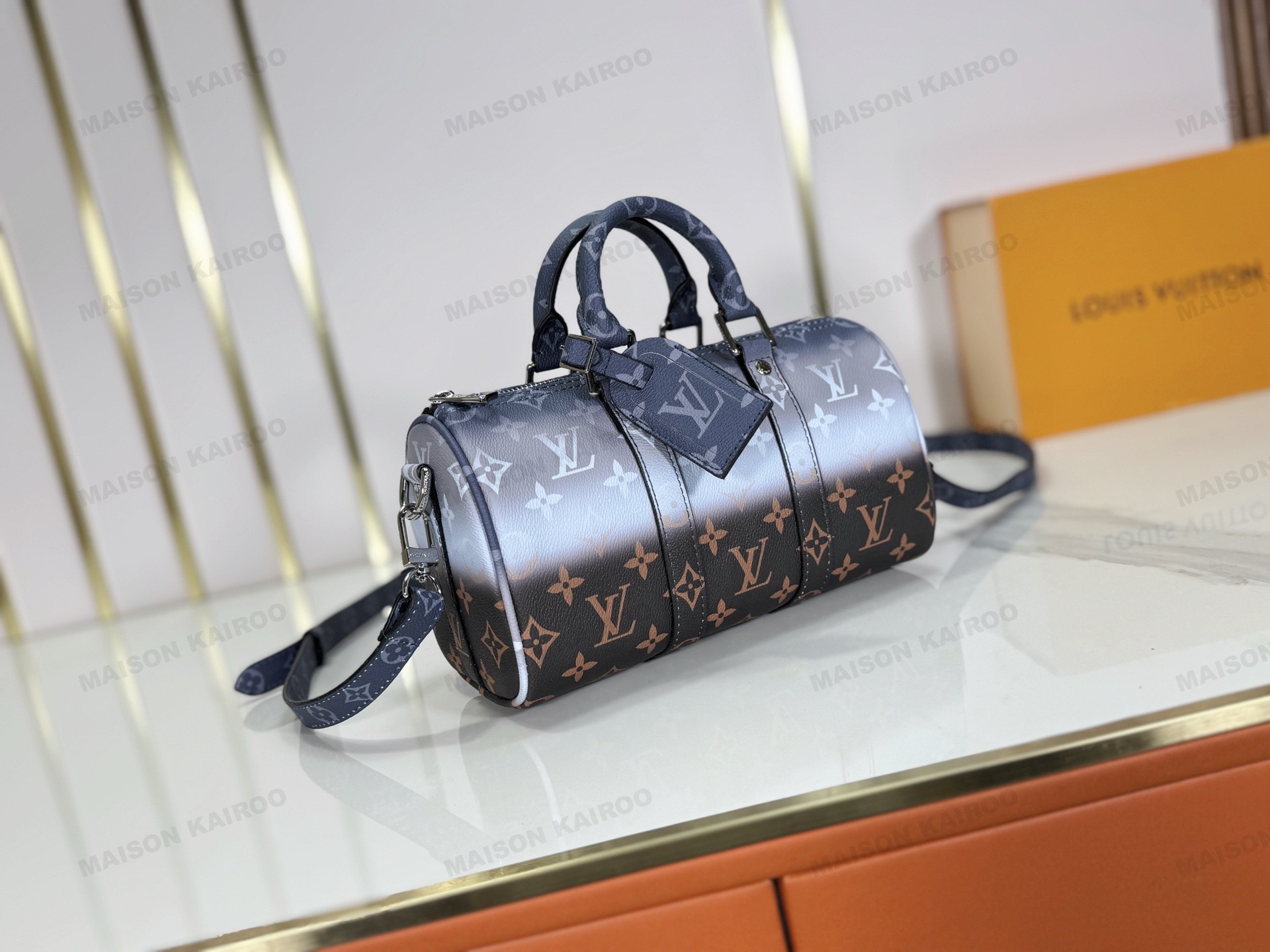 Louis Vuitton LV Keepall 25 Gradient Blue To Brown Monogram Leather Travel Duffle Top Handle Bag - KAIROO
