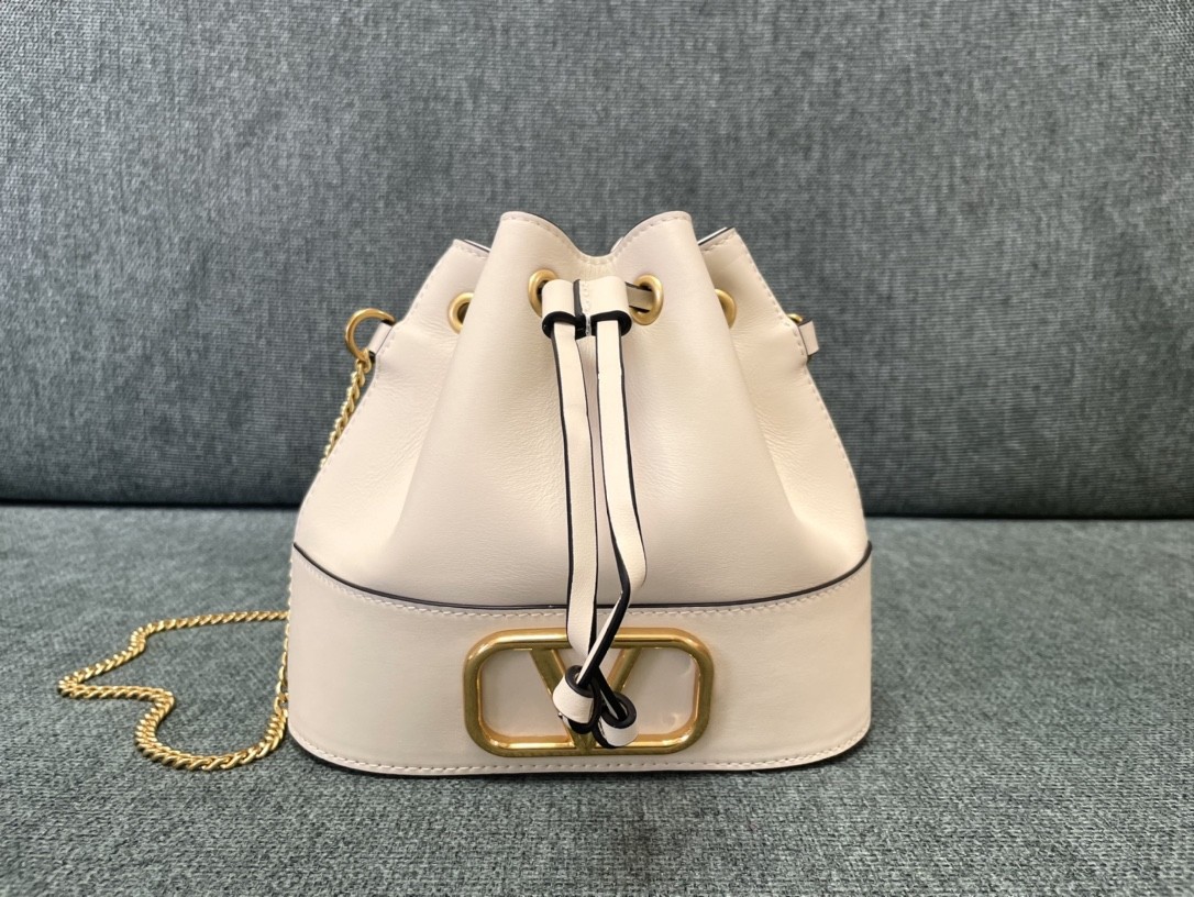 Valentino White Gold VLogo Signature Smooth Leather Drawstring Bucket Crossbody Bag - KAIROO