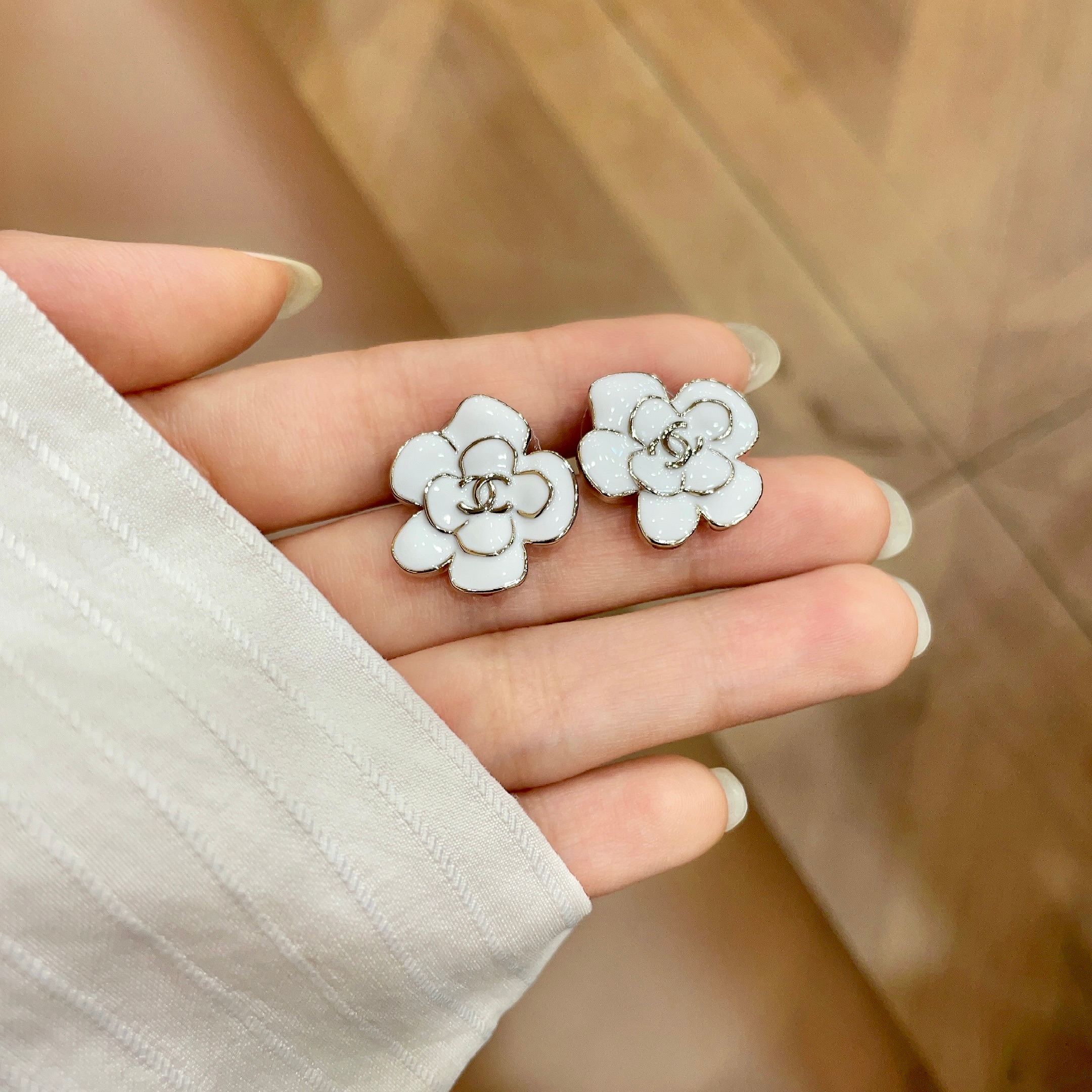 Chanel White Camellia Earstuds