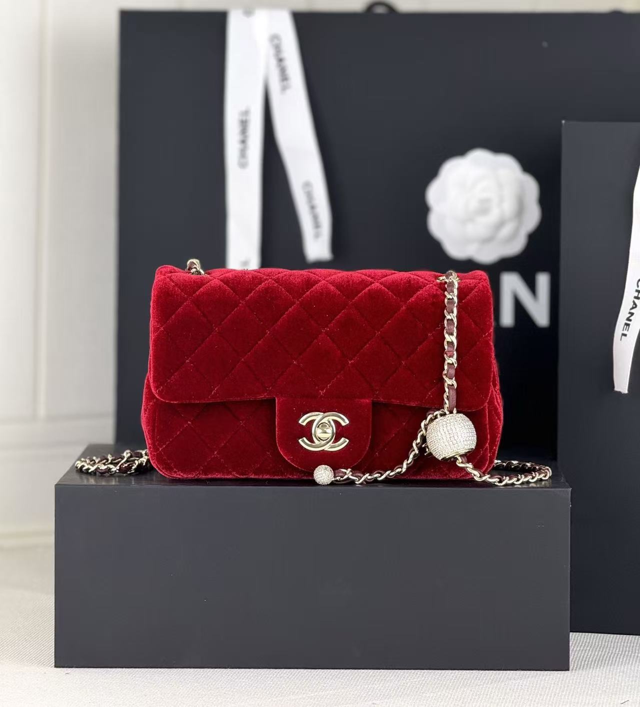 Chanel Metal CF Velvet Diamond Small Gold Ball Crossbody Bag
