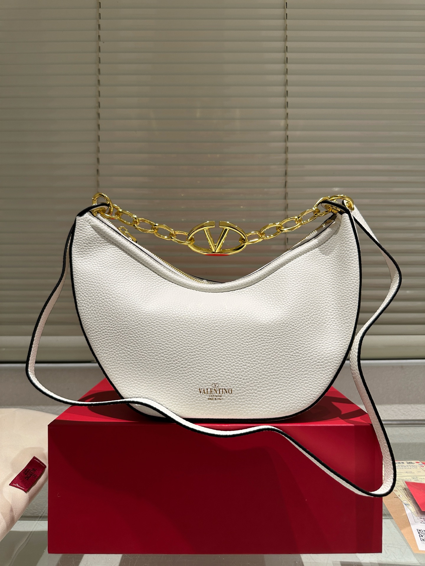 Valentino VLogo VLogo Crescent Half Moon Grained Leather Chain Hobo Crossbody Bag - KAIROO