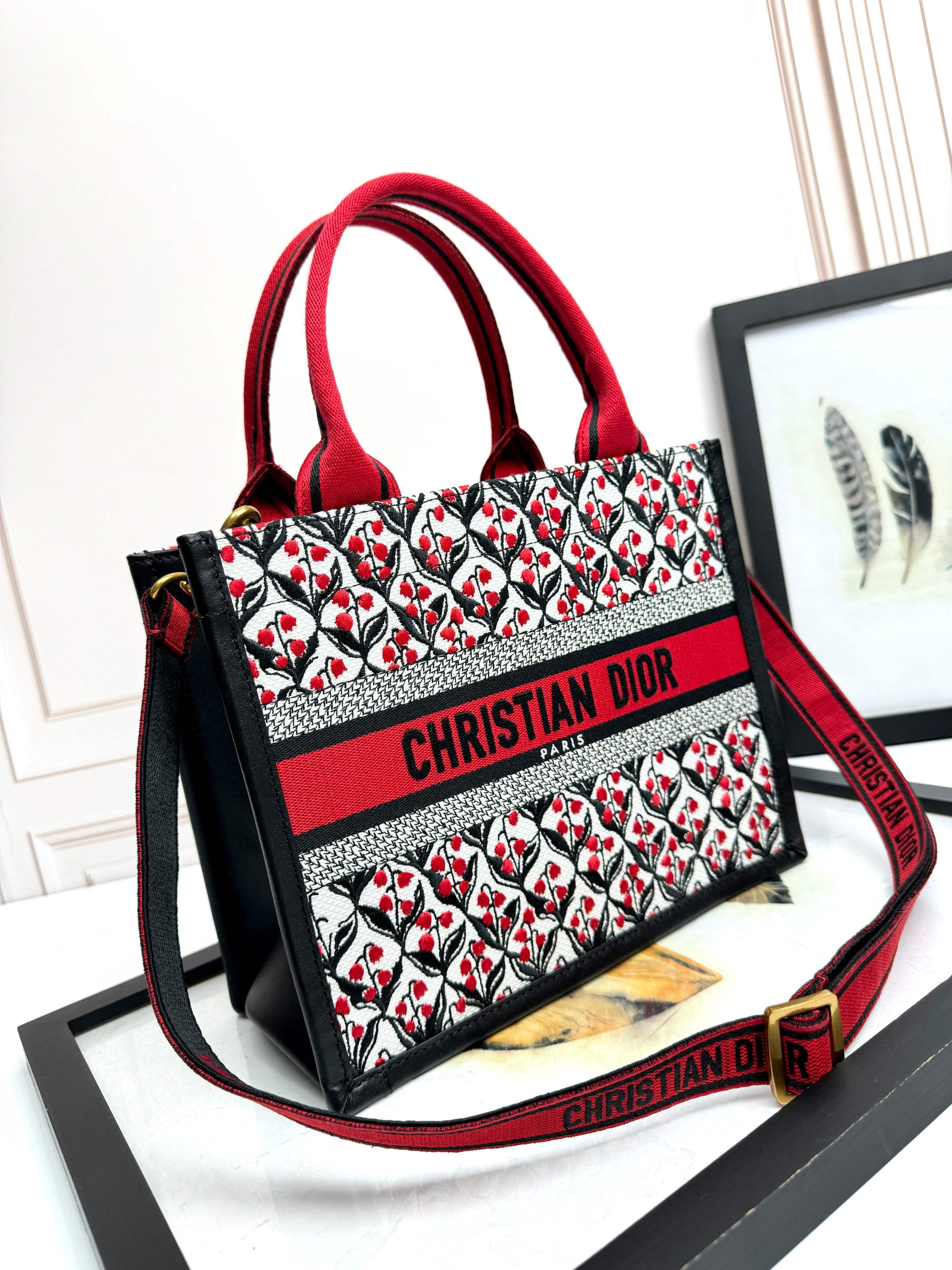Dior Embroidered Canvas Small  Book Tote with shoulder strap