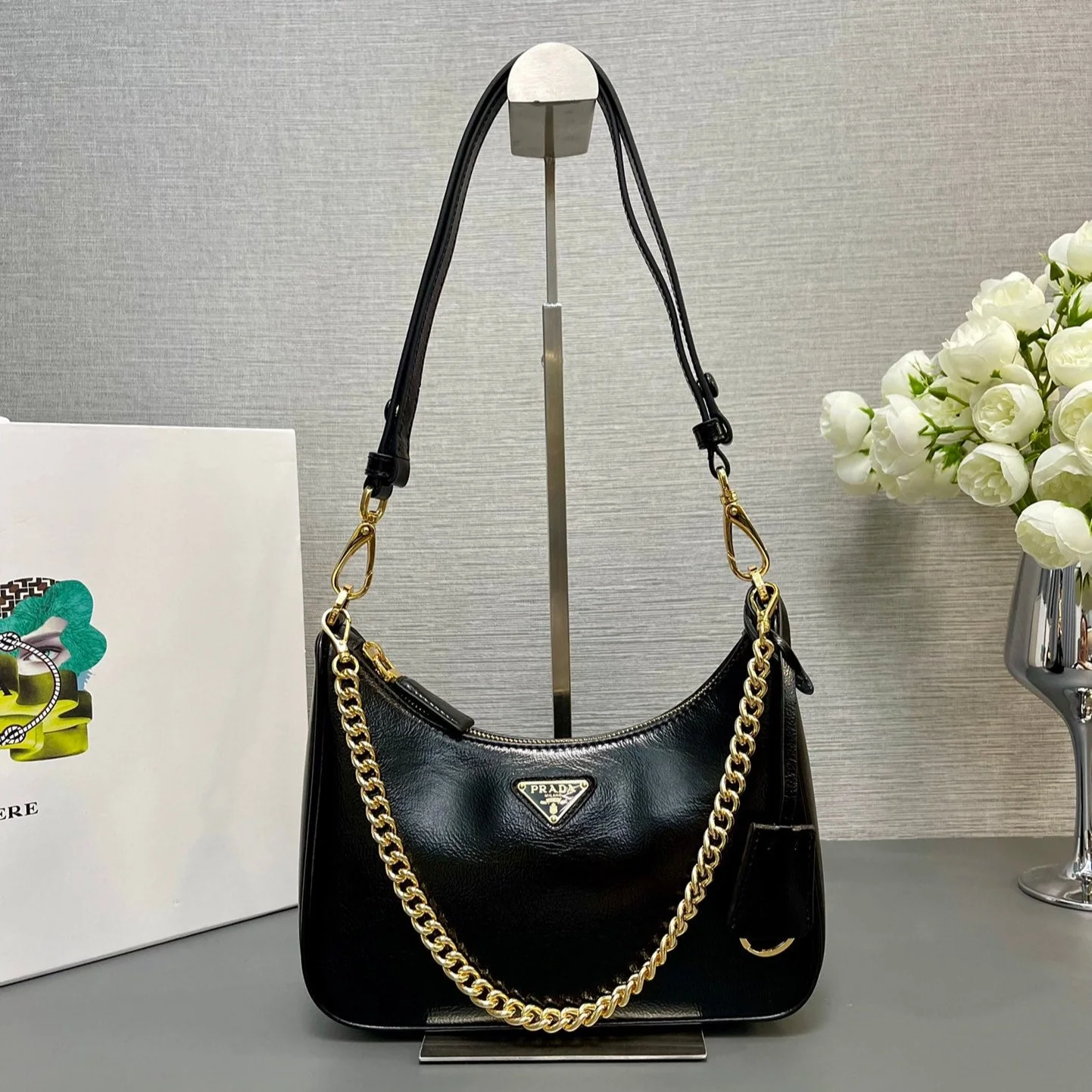 Prada HOBO BAG 23 IN BLACK PATENT NAPPA LAMBSKIN GOLD HARDWARE