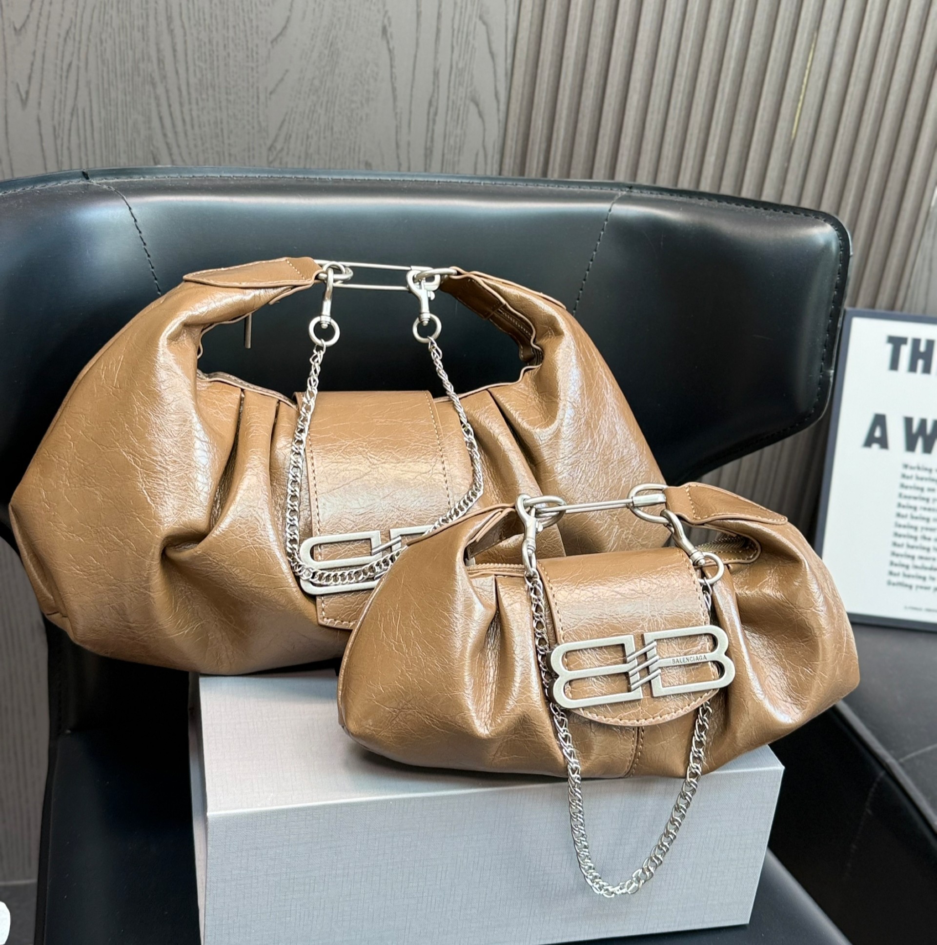 Balenciaga Bronze BB Logo Turn-Lock Soft Crinkled Leather Chain Pamela Safety Pin Shoulder Hobo Bag - KAIROO