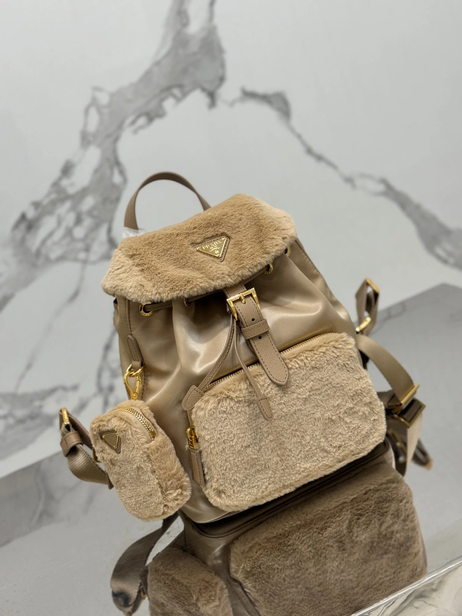 Prada BACKPACK 25 IN BEIGE PARACHUTE FABRIC AND RABBIT FUR