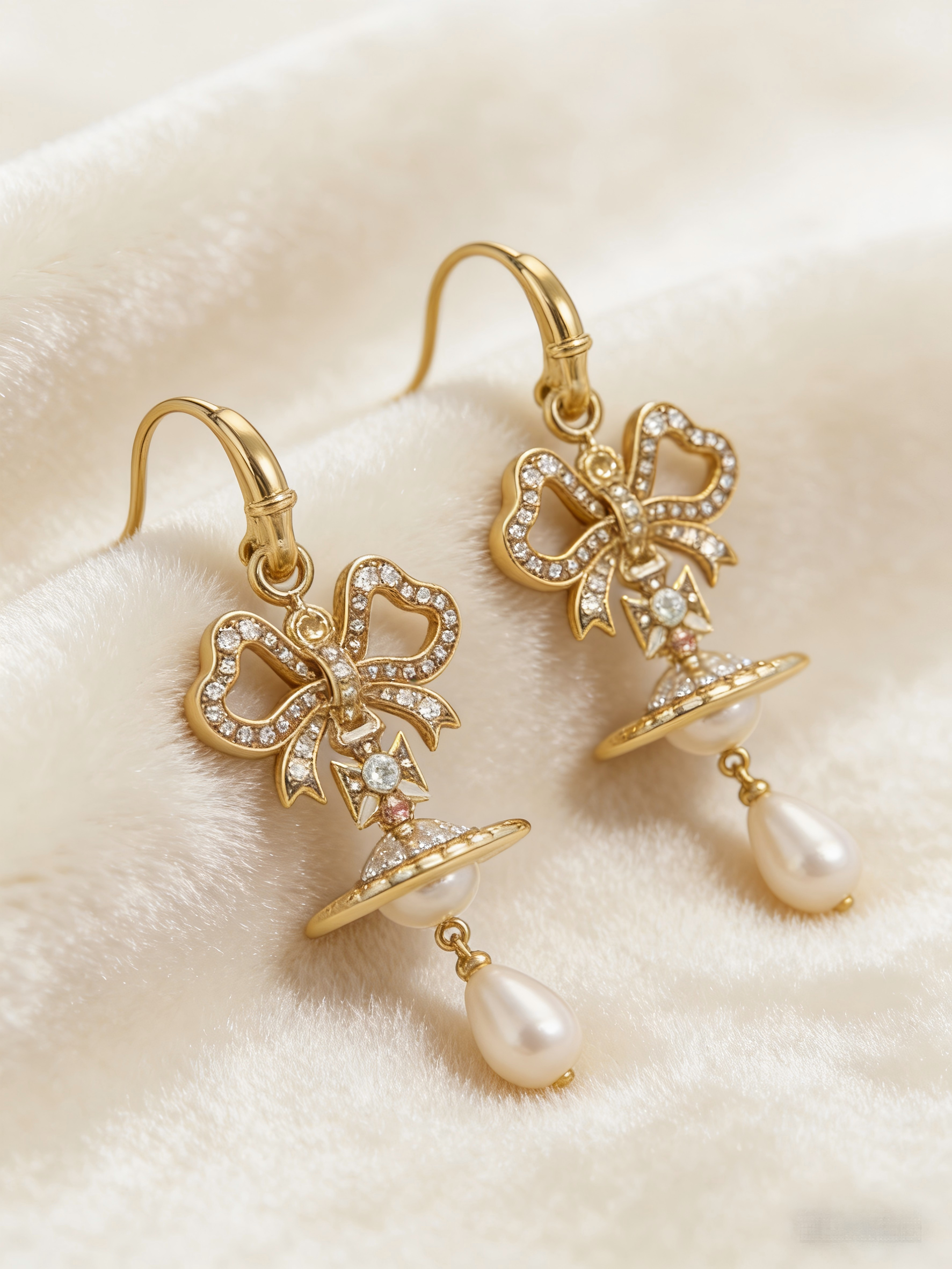 Gold-Tone Bow & Orb Drop Earrings with Teardrop Pearl | Dainty Rhinestone Jewelry for Women