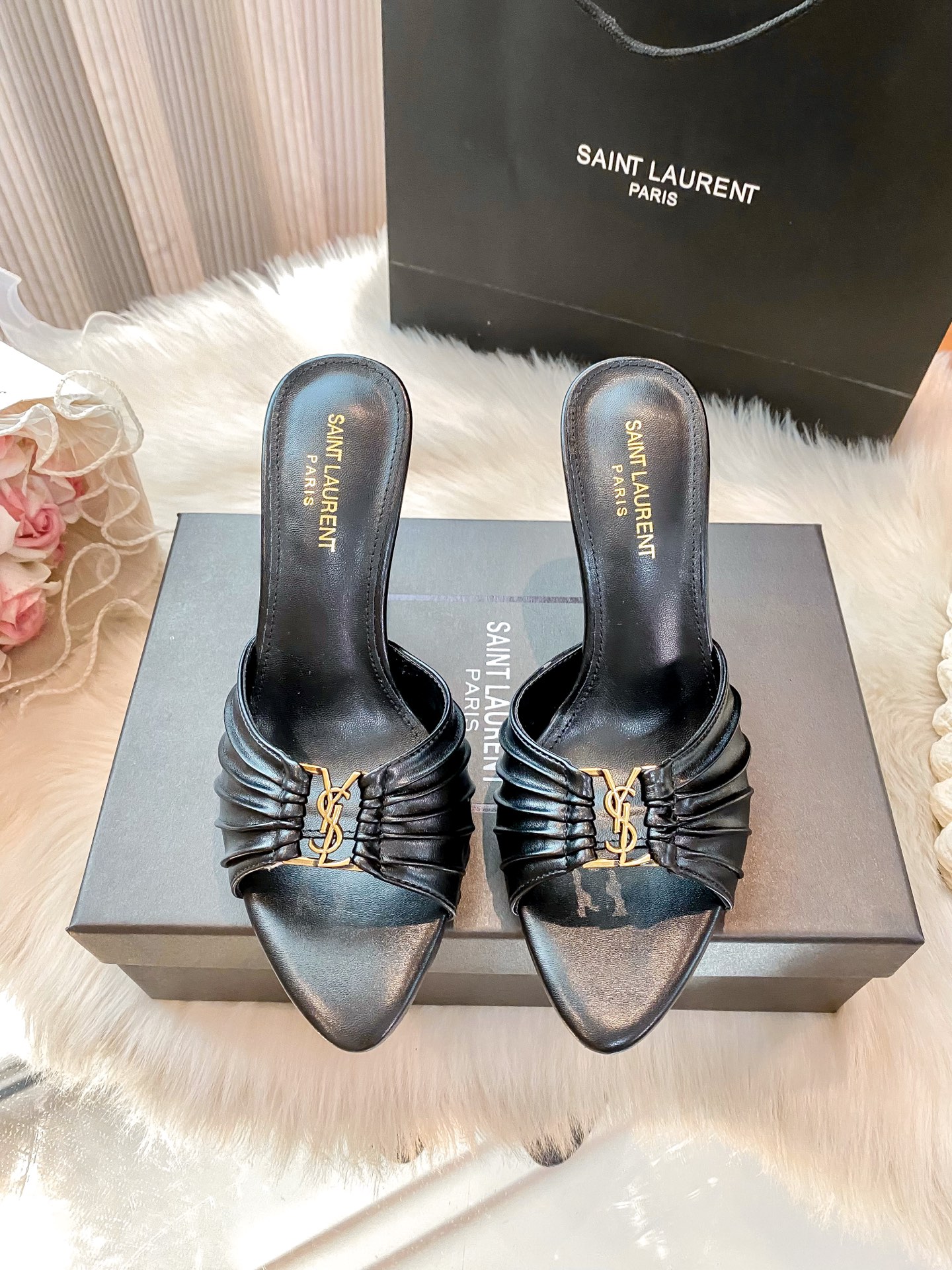 Saint Laurent Babylone Ruched Leather YSL Logo Band Pointed Toe  Backless Heeled Mule Sandals - KAIROO