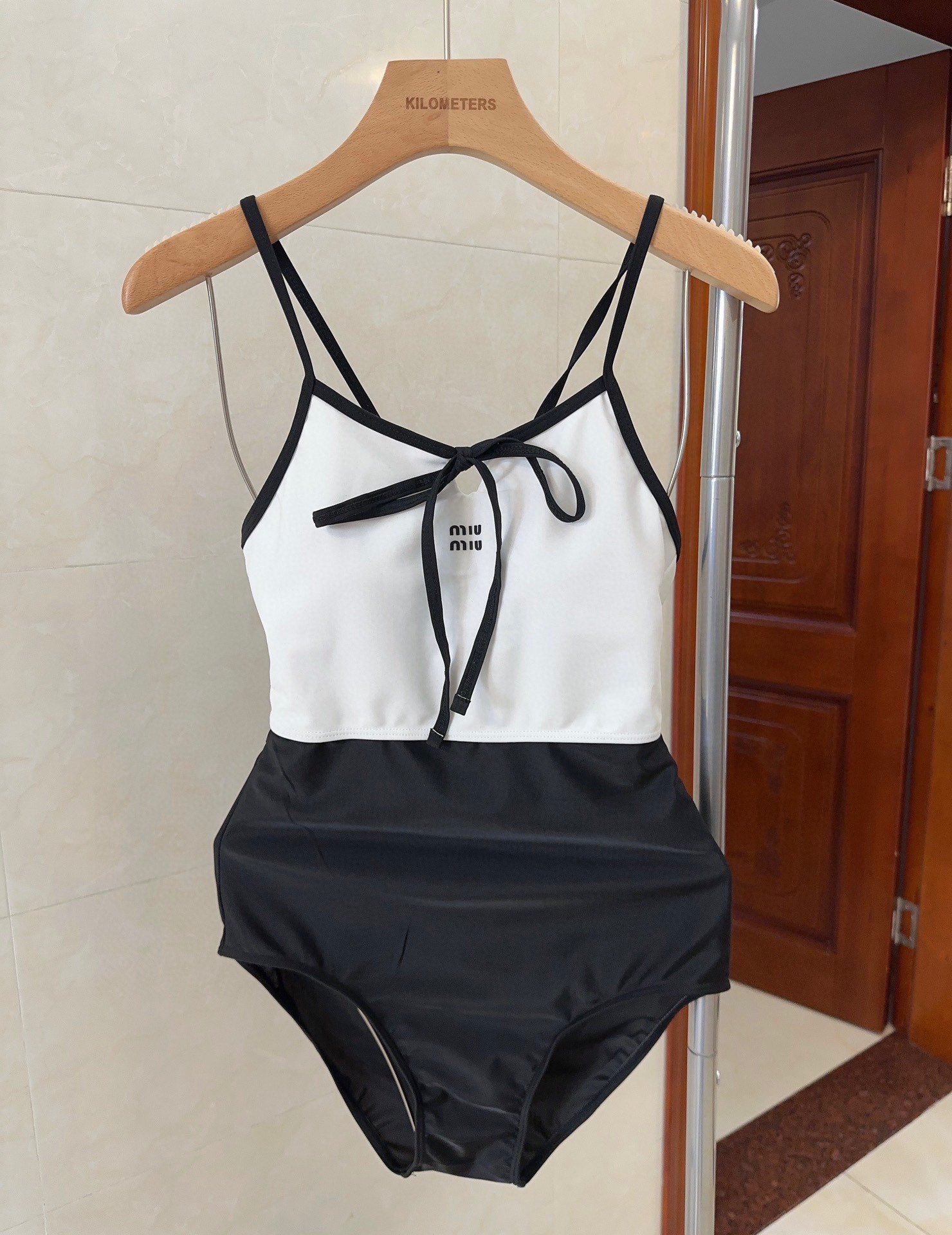 Miu Miu Black & White Double Strap Color Block Bow Logo One-Piece Swimsuit - KAIROO