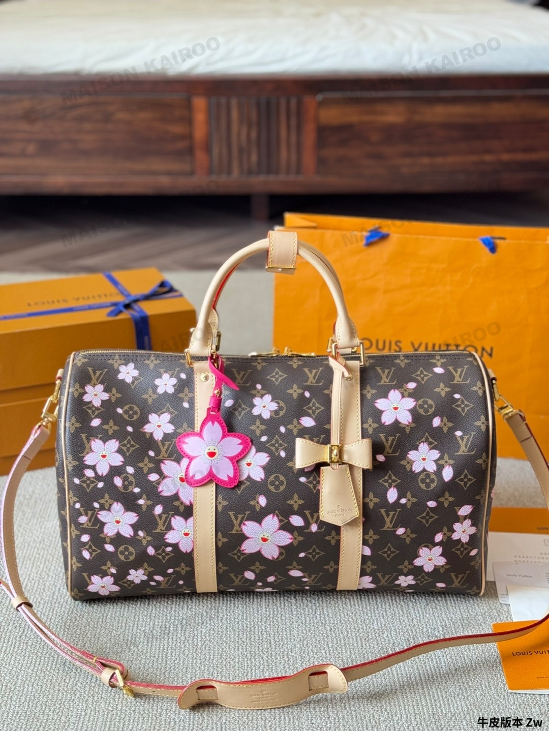 Louis Vuitton LV x TM Keepall Bandouliere 45 Cherry Blossom Monogram Coated Canvas Travel Bag - KAIROO