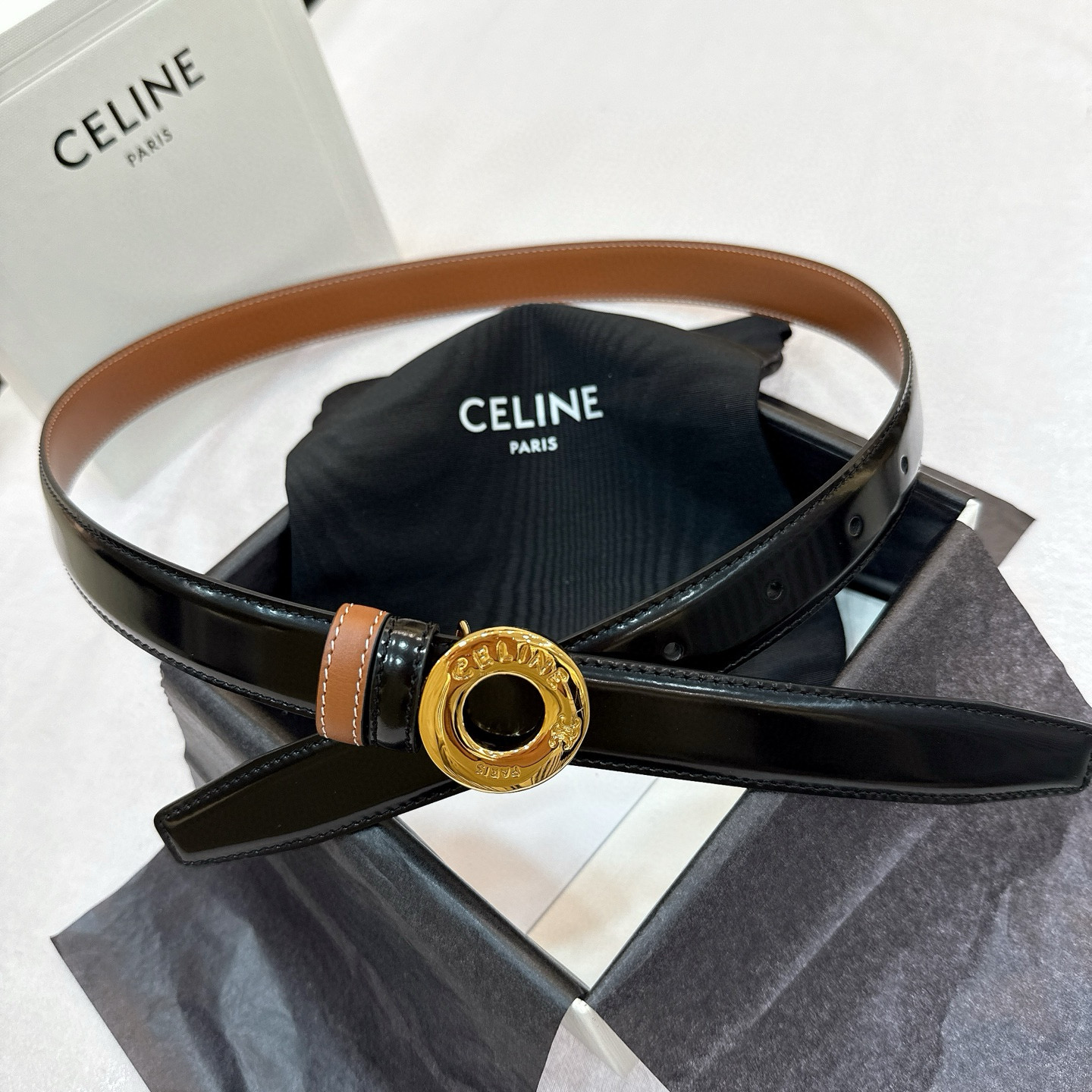 Celine Disc Buckle reversible Leather Belt 2.5cm